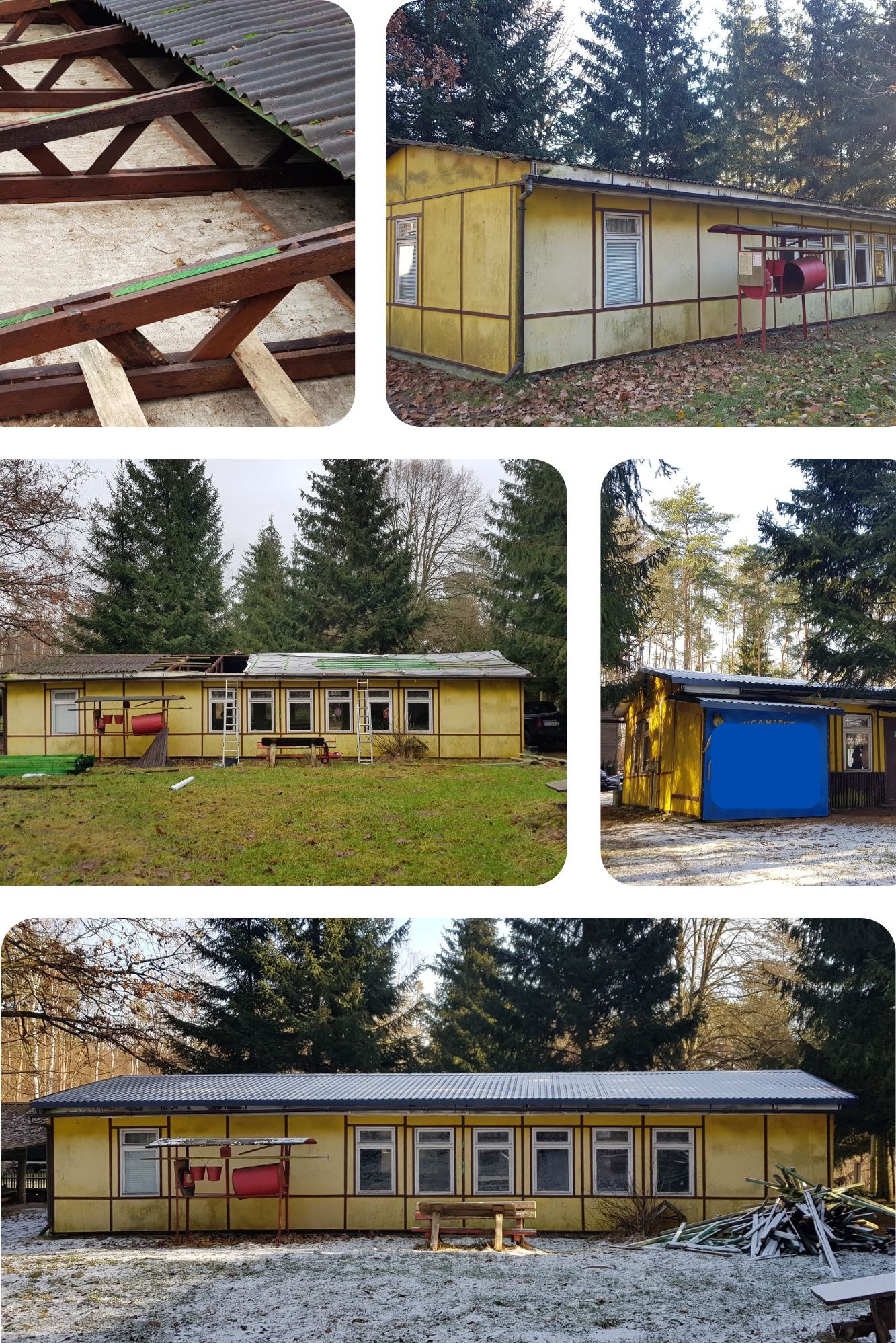 Żółty budynek z częściowo zdjętym, starym dachem z eternitu, widoczne krokwie i nowa blacha trapezowa na fragmencie dachu. Na ziemi leżą pozostałości po demontażu starego poszycia.