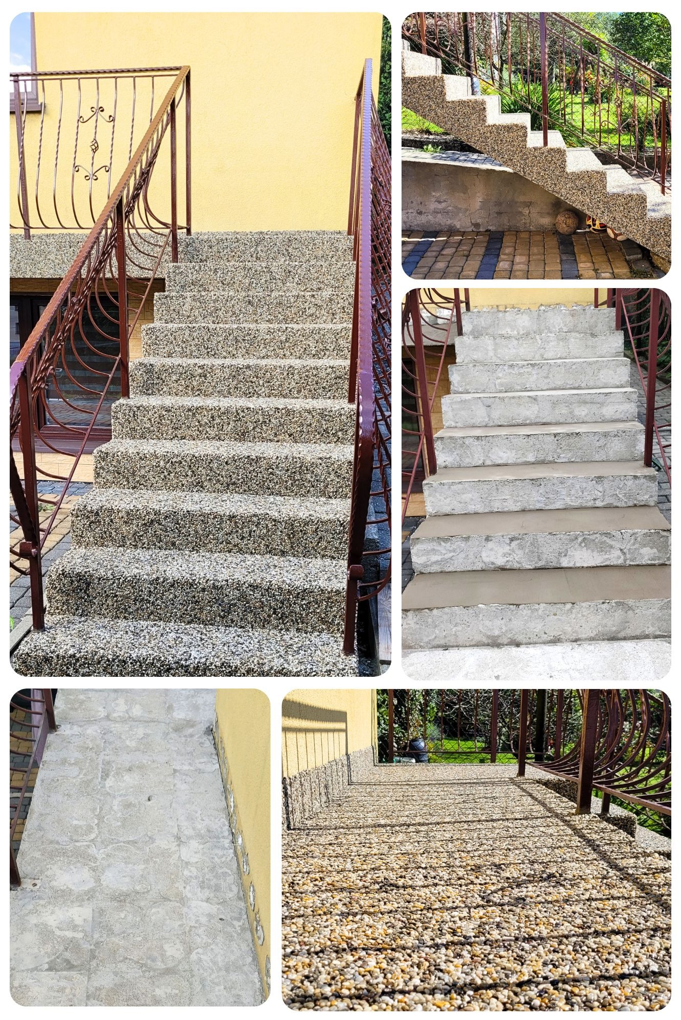 Schody zewnętrzne z kamiennego dywanu prowadzące do domu o żółtej elewacji, z brązową metalową balustradą o dekoracyjnym wzorze.