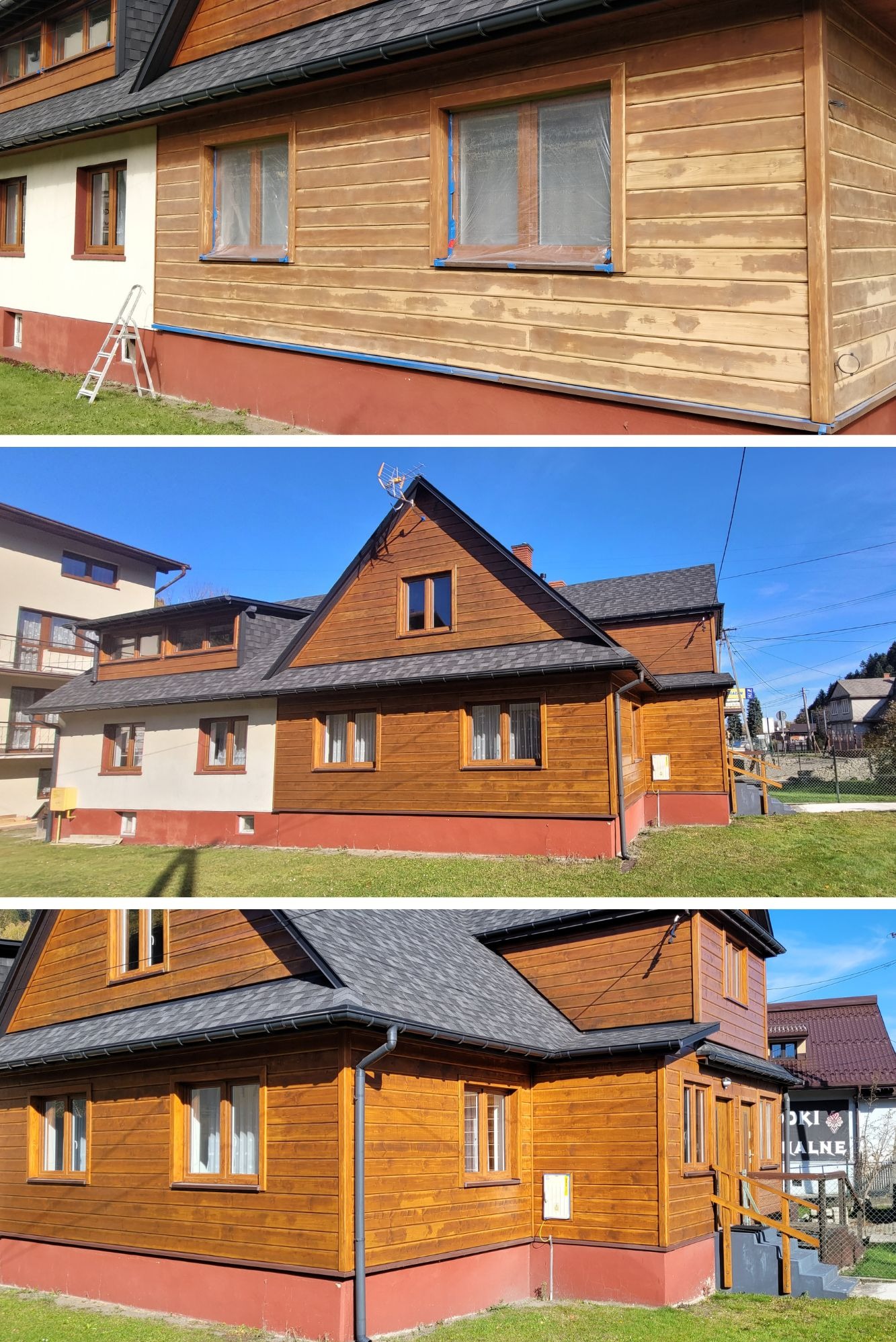 Drewniana elewacja domu w trakcie odświeżania: górna część w trakcie przygotowania z zabezpieczonymi oknami, środkowa po odświeżeniu, dolna po odświeżeniu z widoczną rynną.