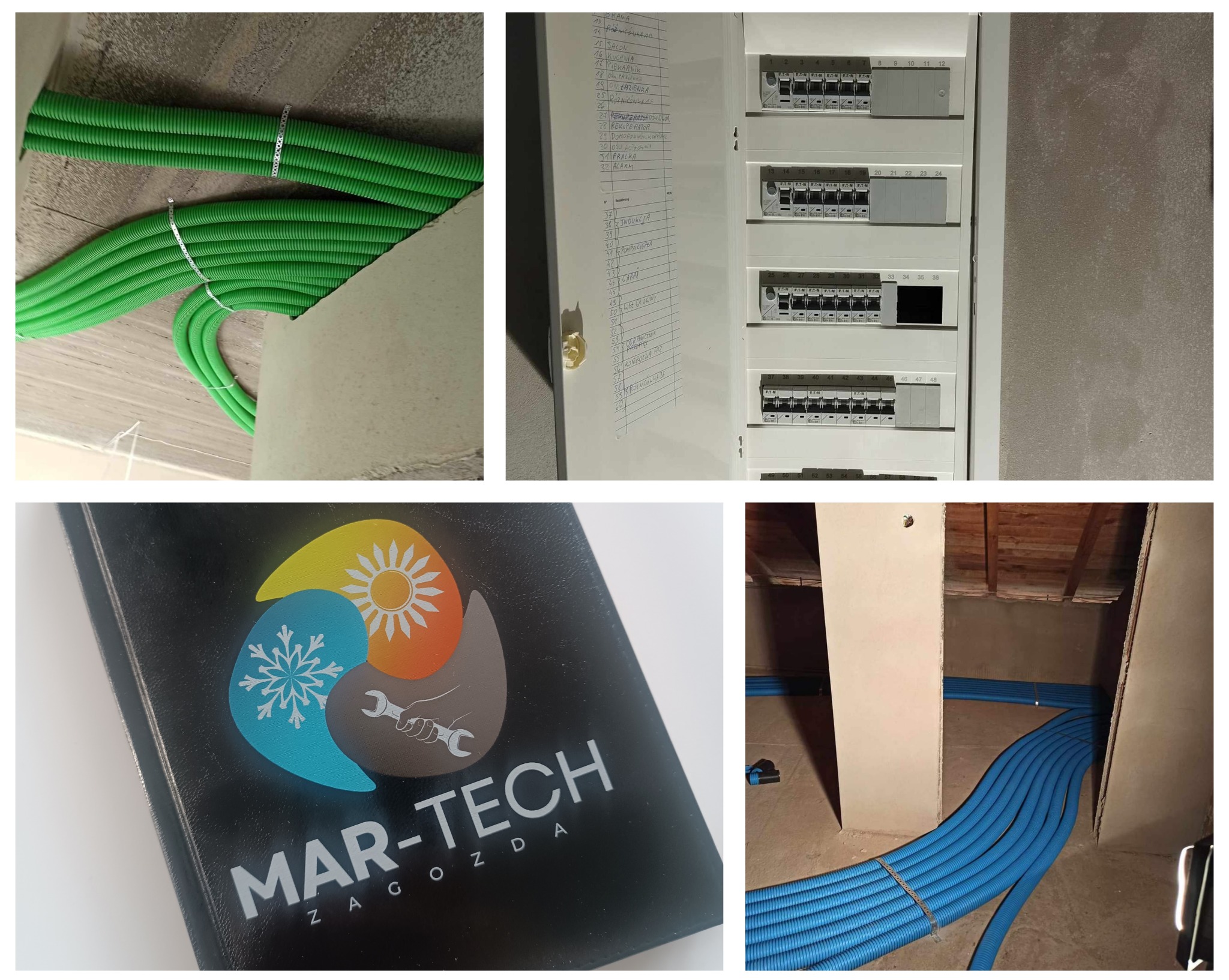 Zestawienie zdjęć: zielone rury karbowane pod sufitem, tablica rozdzielcza z listą obwodów, logo firmy MAR-TECH ZAGOZDA z symbolem słońca, płatka śniegu i klucza francuskiego, oraz niebieskie rury...