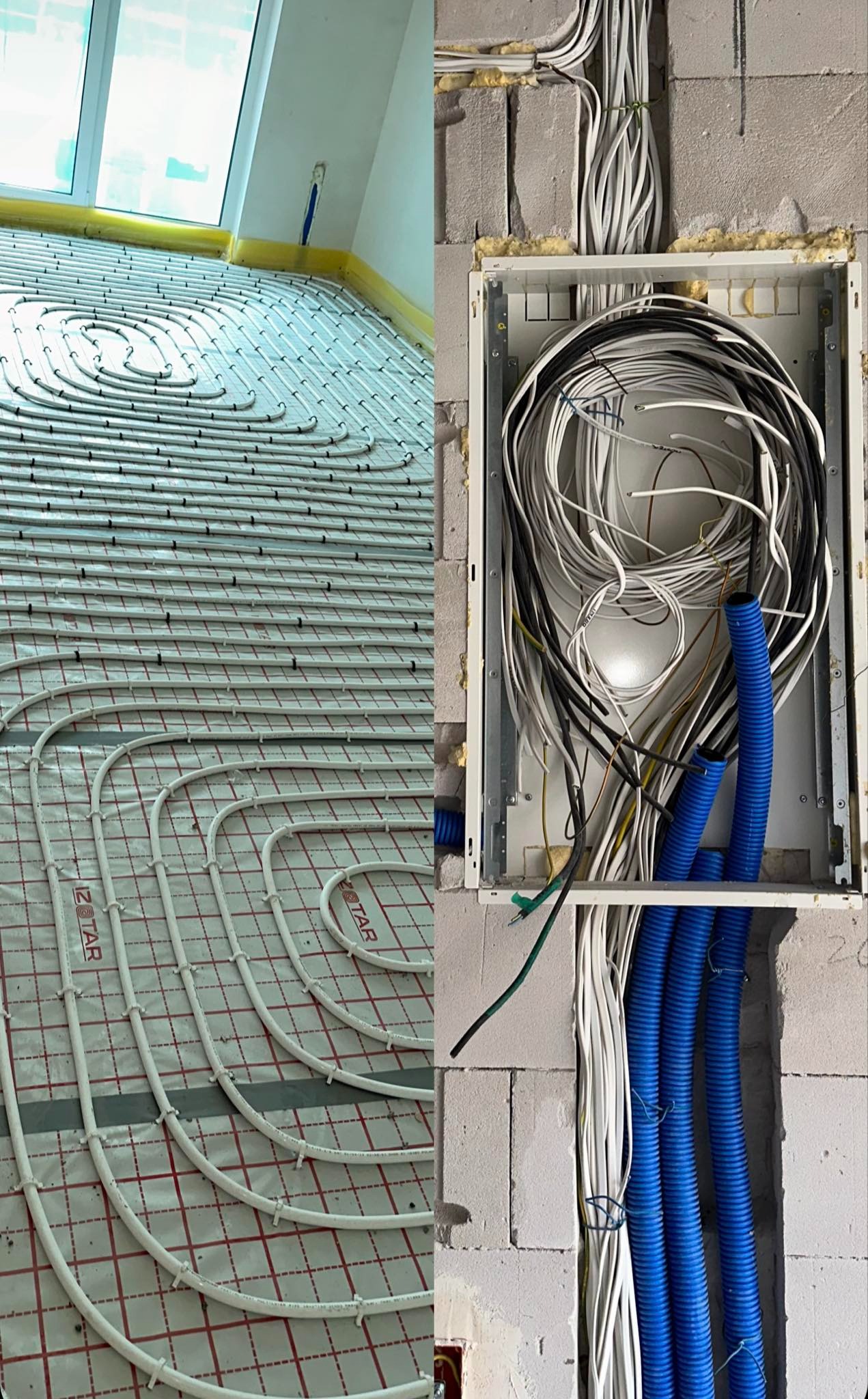 Dwie części zdjęcia: po lewej ogrzewanie podłogowe z białych rurek na folii z czerwoną kratką, po prawej puszka elektryczna z kablami w ścianie z betonu komórkowego.