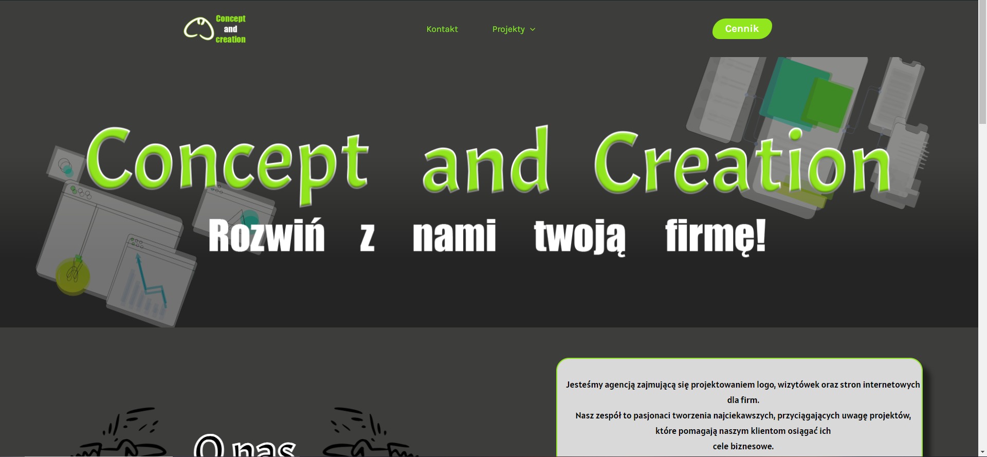 Grafika strony internetowej z napisem 'Concept and Creation' i hasłem 'Rozwiń z nami twoją firmę!', ilustracje monitorów z ikonami i wykresami.