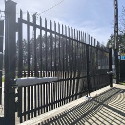 Smart Electro Cezary Mucha - Czarna brama z automatyką, widok z boku, cień rzucany na chodnik, las w tle, słoneczny dzień. Napęd bramy widoczny po lewej stronie.