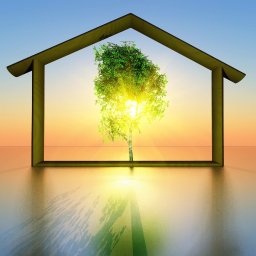 PV TECHNIK SPÓŁKA Z OGRANICZONĄ ODPOWIEDZIALNOŚCIĄ - Stylizowana wizualizacja: drzewo wewnątrz ramy domu, promieniejące słońcem, symbolizujące ekologiczne ogrzewanie.