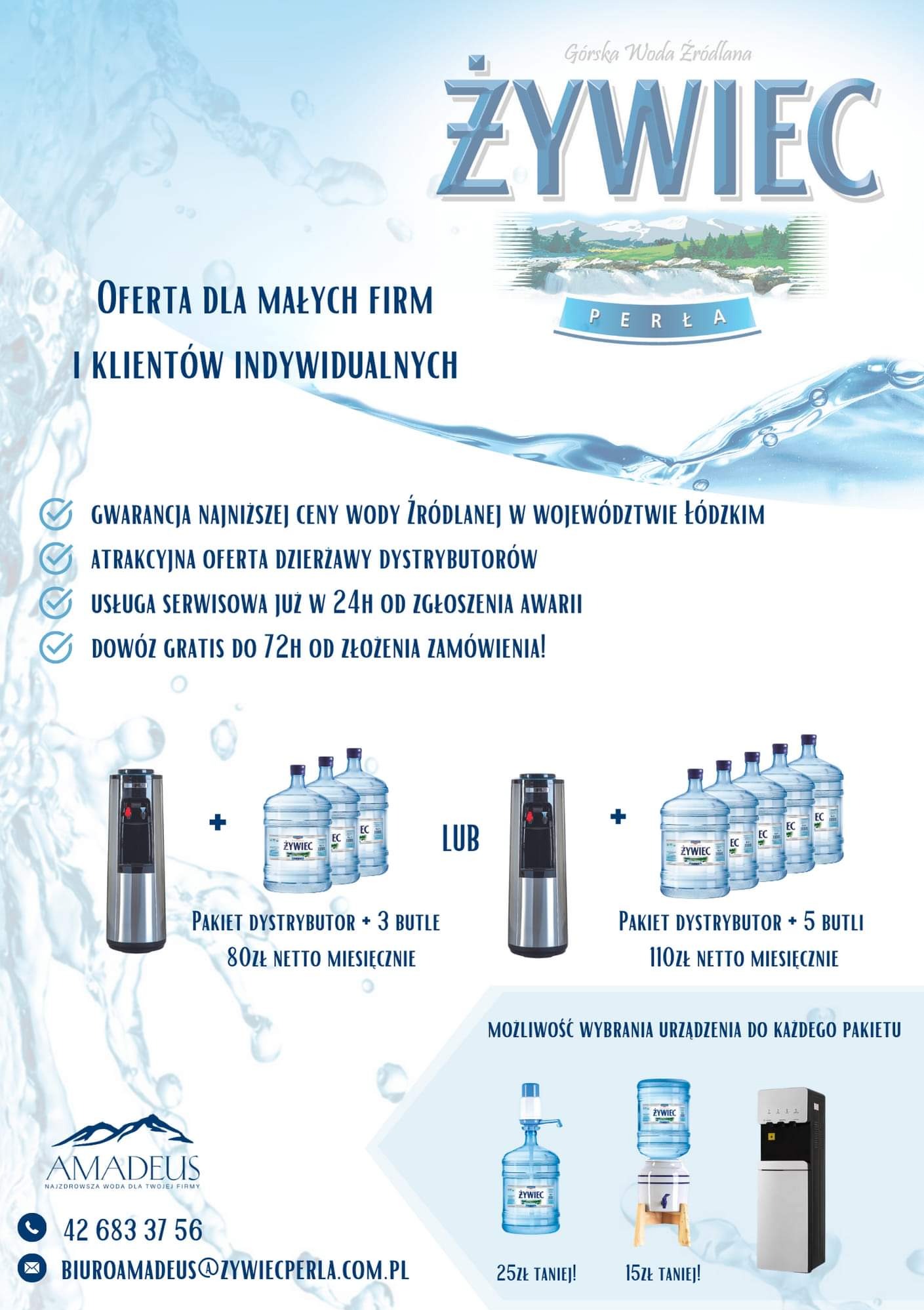 Plakat reklamowy wody źródlanej Żywiec Perła z ofertą dla firm, prezentujący pakiety dystrybutora z 3 lub 5 butlami oraz różne rodzaje dystrybutorów wody.
