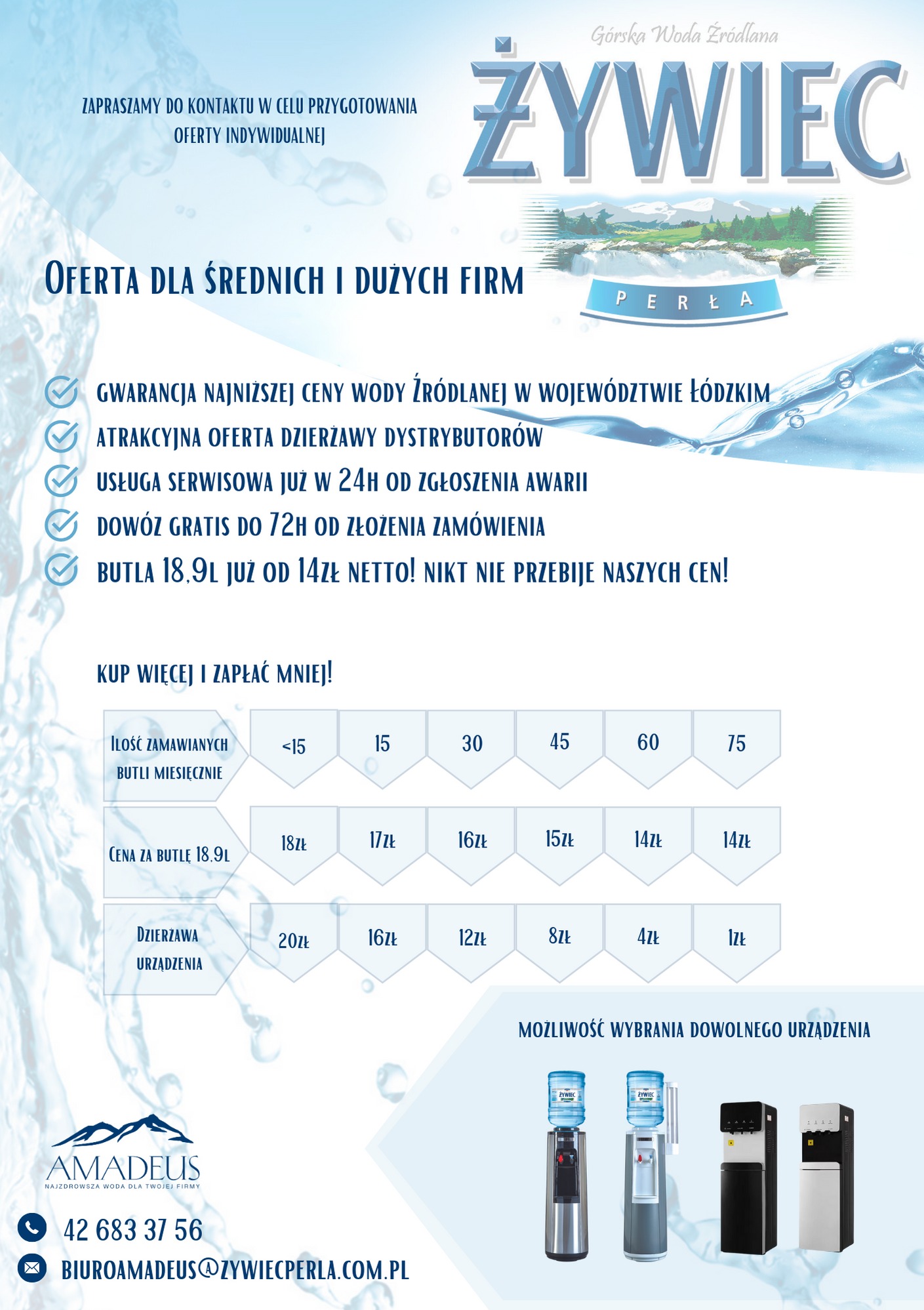 Grafika reklamowa firmy Żywiec Perła oferującej dostawy wody dla firm, z tabelą cen w zależności od ilości zamawianych butli oraz zdjęciami różnych modeli dystrybutorów wody.