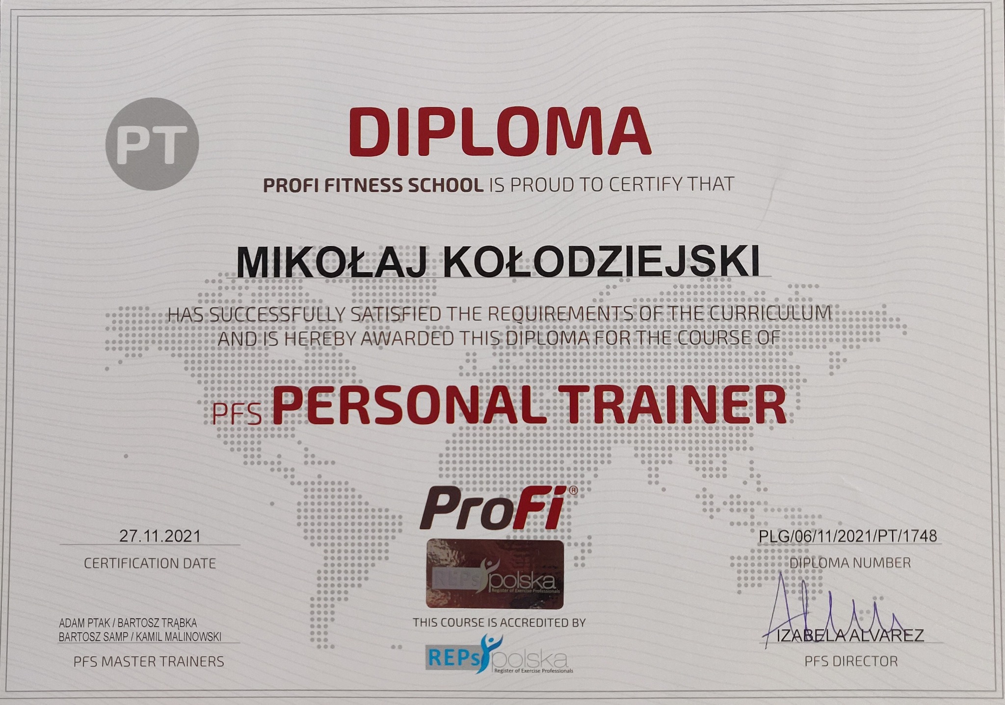 Dyplom ukończenia kursu trenera personalnego dla Mikołaja Kołodziejskiego z ProFi Fitness School, akredytowany przez REPS Polska.