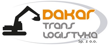 Logo firmy Dakar Trans Logistyka Sp. z o.o. z sylwetką koparki w kolorze czarnym i pomarańczowym napisem.
