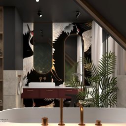Gawron Studio Design - Wizualizacja łazienki w stylu japońskim z tapetą w żurawie, owalnym lustrem, białą umywalką nablatową na bordowej szafce z mosiężnymi uchwytami, wolnostojącą wanną z mosiężną armaturą...