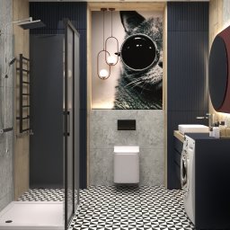 Gawron Studio Design - Nowoczesna łazienka z kabiną prysznicową, umywalką nablatową, pralką i toaletą podwieszaną, wykończona płytkami w szachownicę i ozdobiona obrazem kota w okularach.