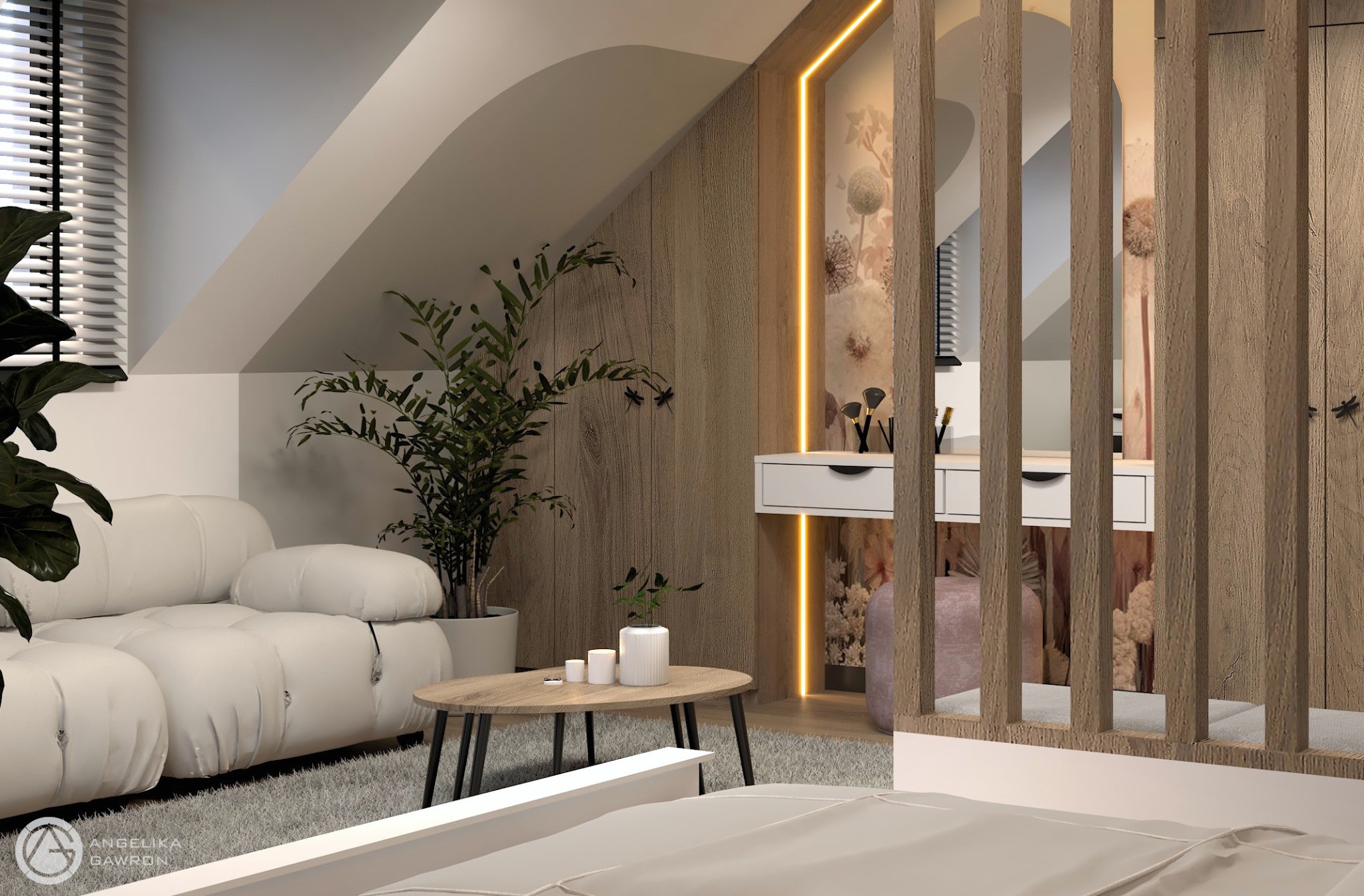Nowoczesna sypialnia na poddaszu z białym, modułowym narożnikiem, toaletką z oświetleniem LED, drewnianą ścianą i stolikiem kawowym.
