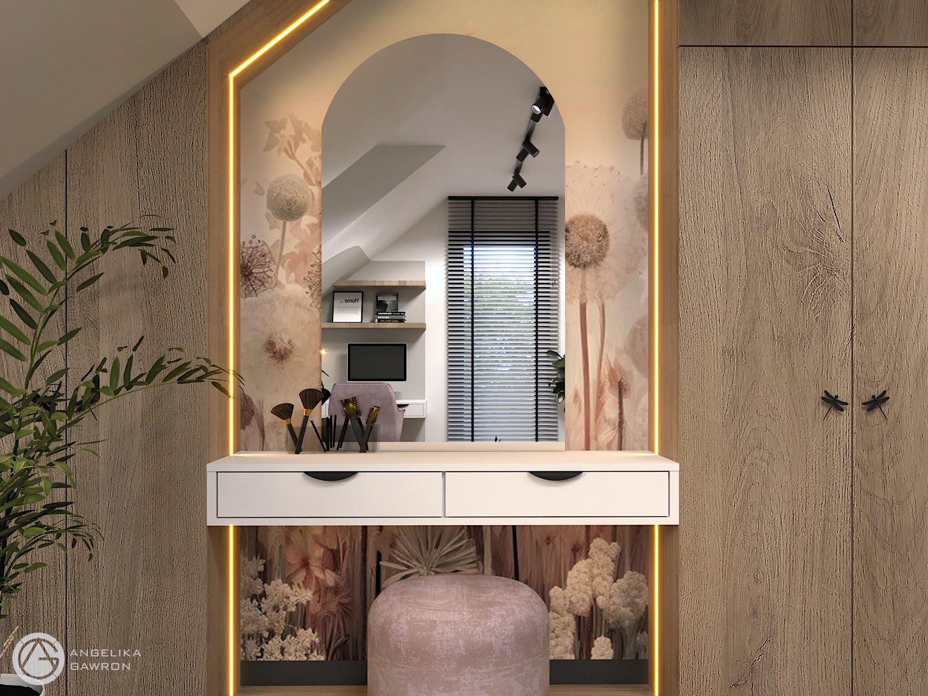 Toaletka z lustrem w kształcie łuku, podświetlana LED, z białym blatem i szufladami, różowy puf, tapeta z motywem dmuchawców, szafa z drewnianymi drzwiami i uchwytami w kształcie ważek.