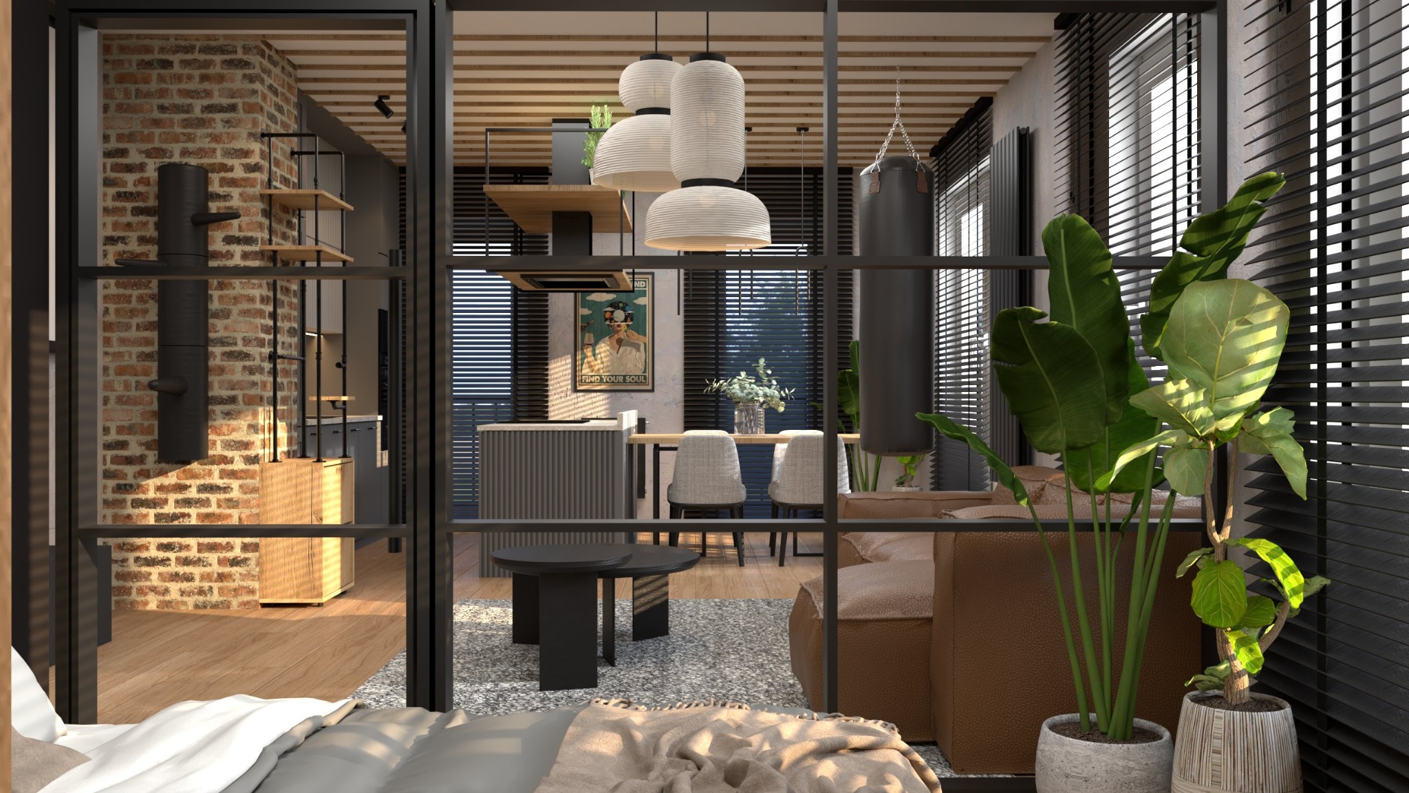 Loftowe wnętrze z widokiem na kuchnię i salon przez szklaną ścianę; ceglana ściana, czarny piec, wiszące lampy w stylu japońskim, plakat na ścianie, worek treningowy i rośliny doniczkowe.
