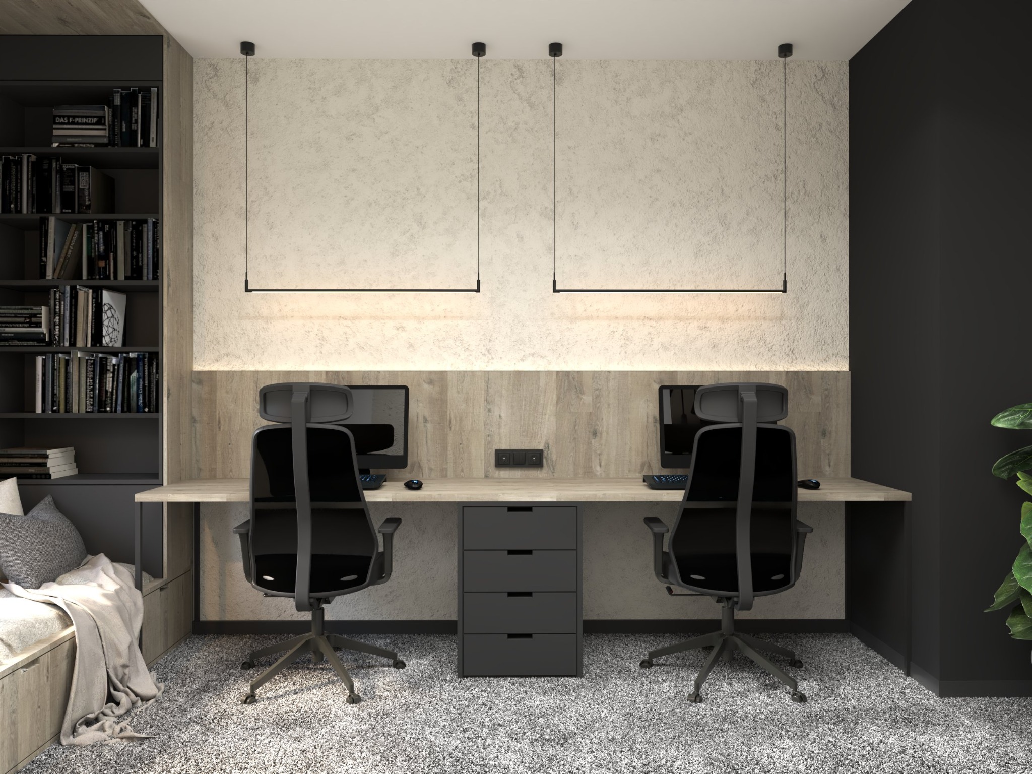 Domowe biuro z dwoma stanowiskami pracy, minimalistyczne lampy wiszące, drewniany blat biurka, szara komoda z szufladami, ergonomiczne krzesła biurowe, regał z książkami, kącik wypoczynkowy...