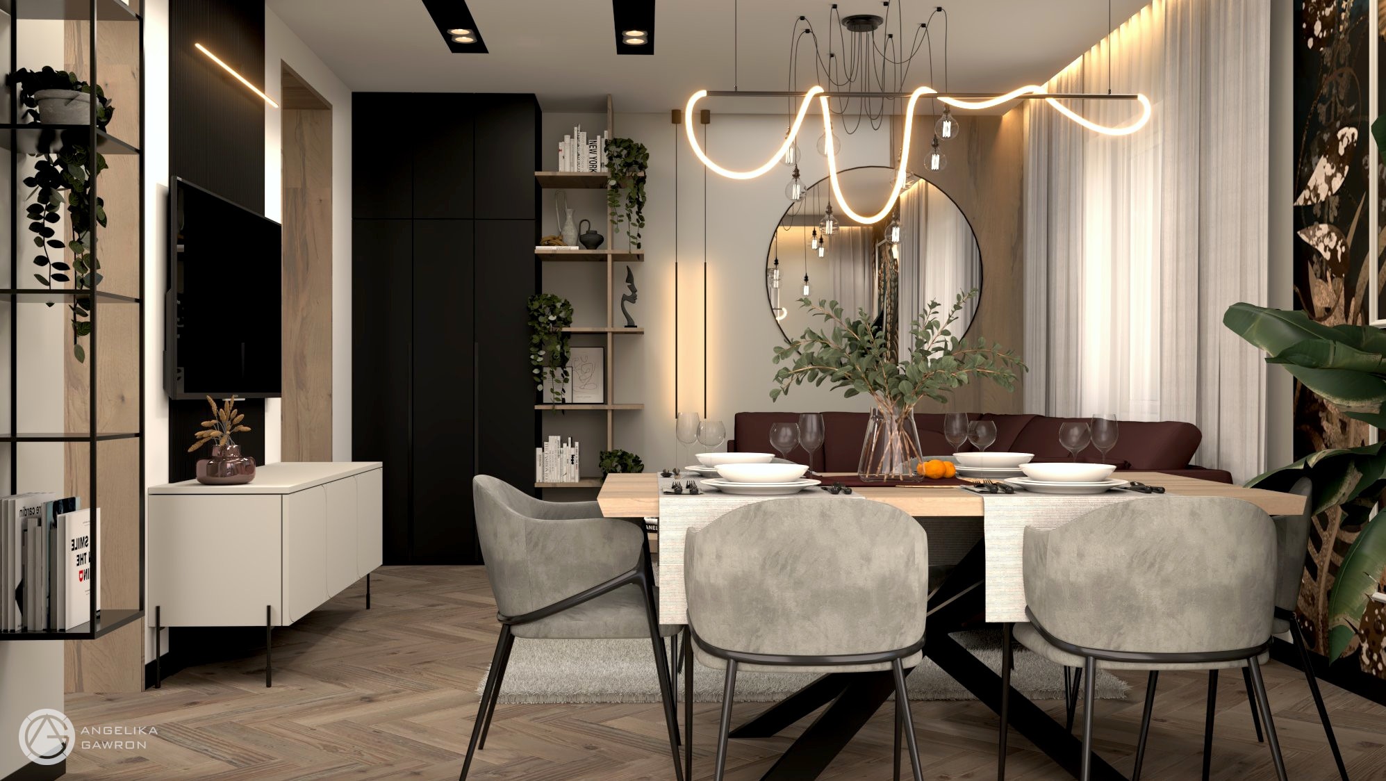 Nowoczesna aranżacja jadalni z drewnianym stołem, szarymi krzesłami, oświetleniem LED i dekoracyjnymi roślinami w tle.