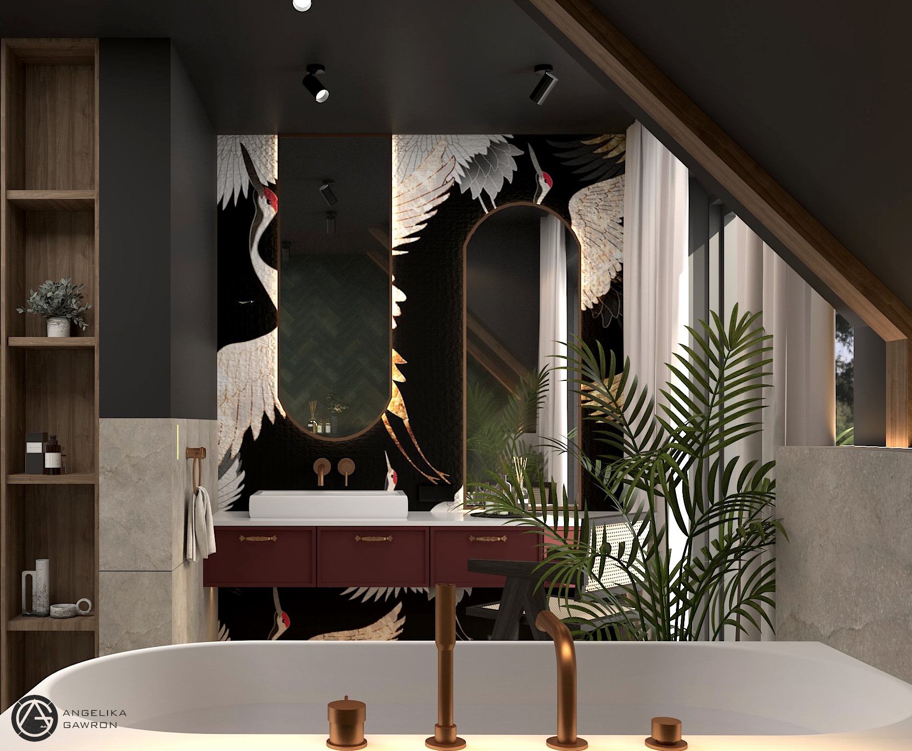 Wizualizacja łazienki w stylu japońskim z tapetą w żurawie, owalnym lustrem, białą umywalką nablatową na bordowej szafce z mosiężnymi uchwytami, wolnostojącą wanną z mosiężną armaturą...