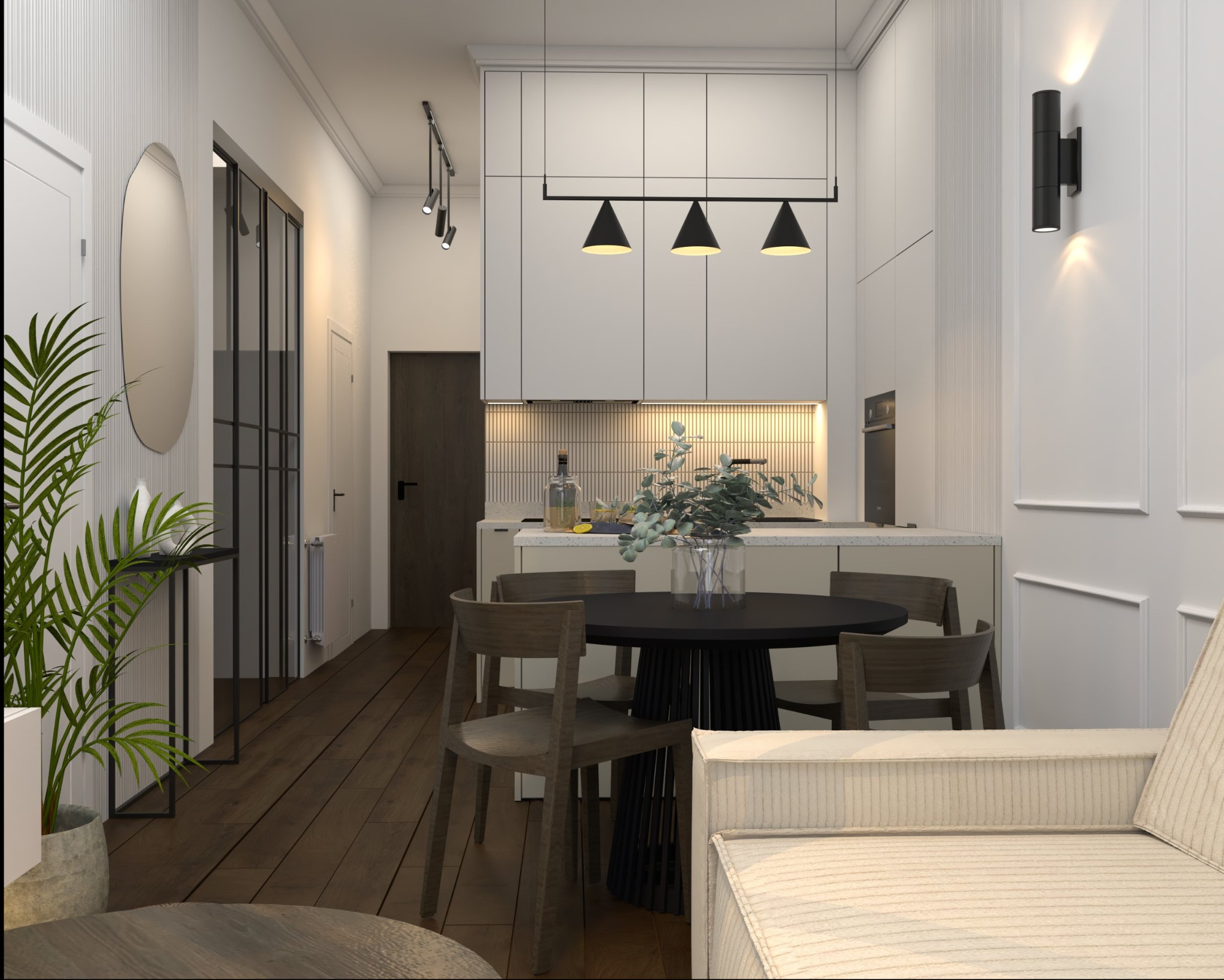Wizualizacja wnętrza: minimalistyczna kuchnia z jadalnią, drewniane krzesła wokół okrągłego czarnego stołu, dekoracyjne oświetlenie punktowe i wiszące, roślina doniczkowa w rogu, widok na korytarz...