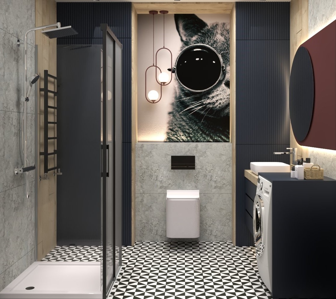 Nowoczesna łazienka z kabiną prysznicową, umywalką nablatową, pralką i toaletą podwieszaną, wykończona płytkami w szachownicę i ozdobiona obrazem kota w okularach.