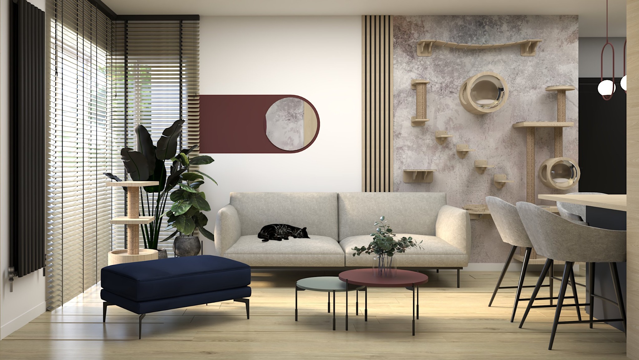 Salon z beżową sofą, na której śpi czarny kot, oraz ścianą z drapakami i półkami dla kota