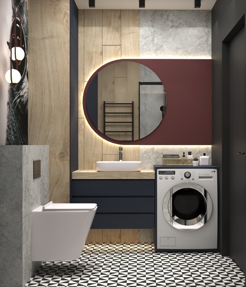 Nowoczesna łazienka z okrągłym lustrem podświetlanym LED, wiszącą toaletą, pralką i geometryczną posadzką w czarno-białą szachownicę.