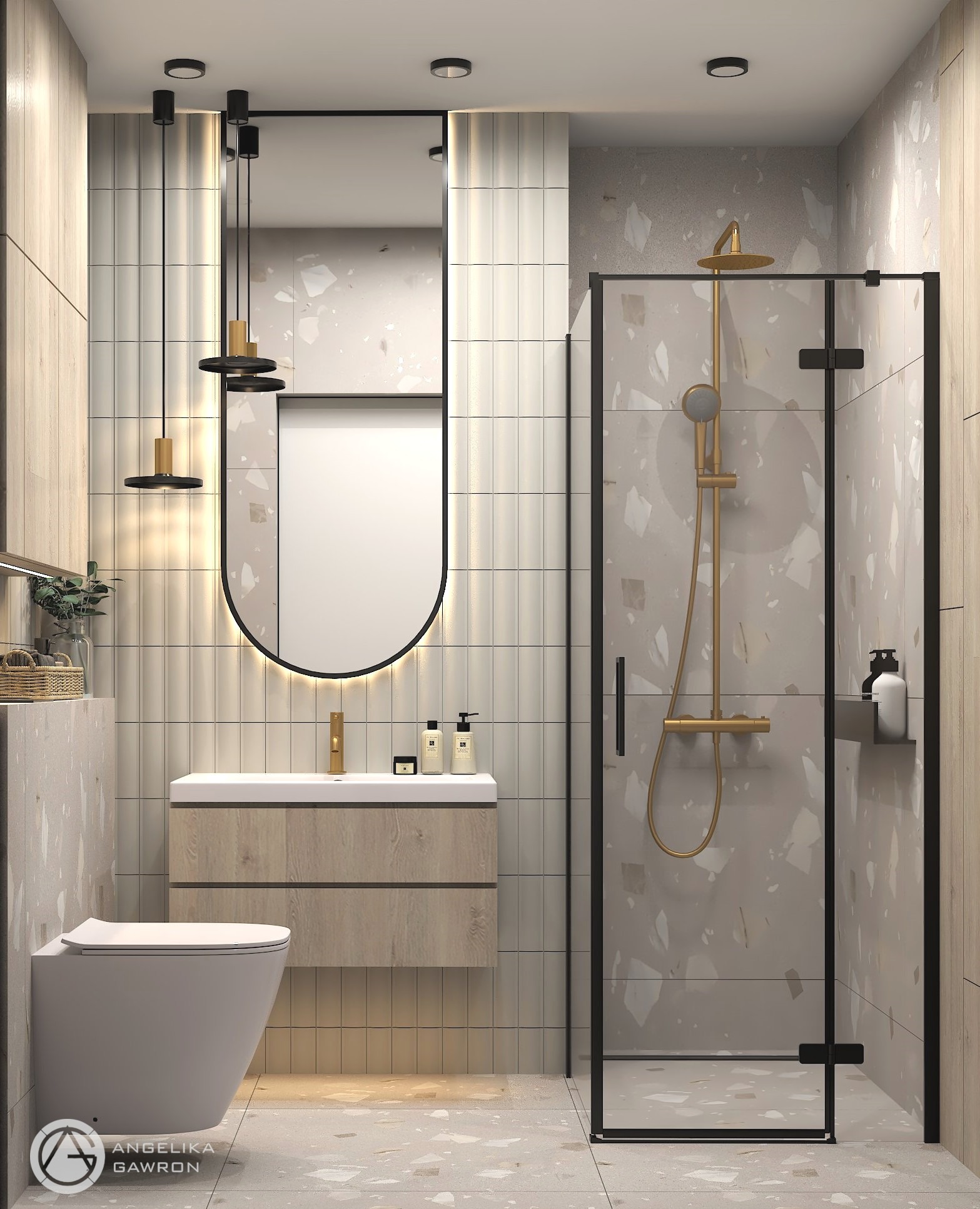Wizualizacja łazienki z kabiną prysznicową z czarnymi ramami, umywalką z szafką z drewnopodobnym wykończeniem, owalnym lustrem z podświetleniem LED i złotą armaturą.