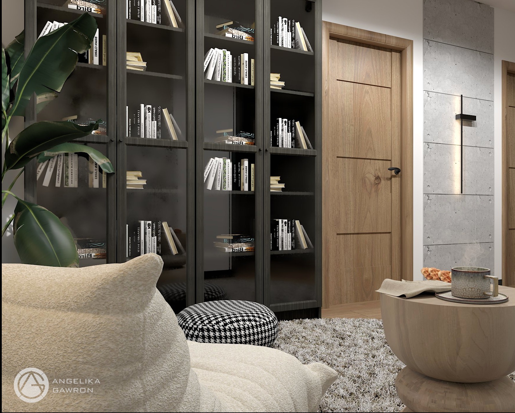 Wizualizacja wnętrza: wysokie, przeszklone regały na książki, miękki fotel typu pufa, okrągły stolik kawowy z parującym napojem, wzorzysta pufa w stylu retro, drewniane drzwi i betonowa ściana...