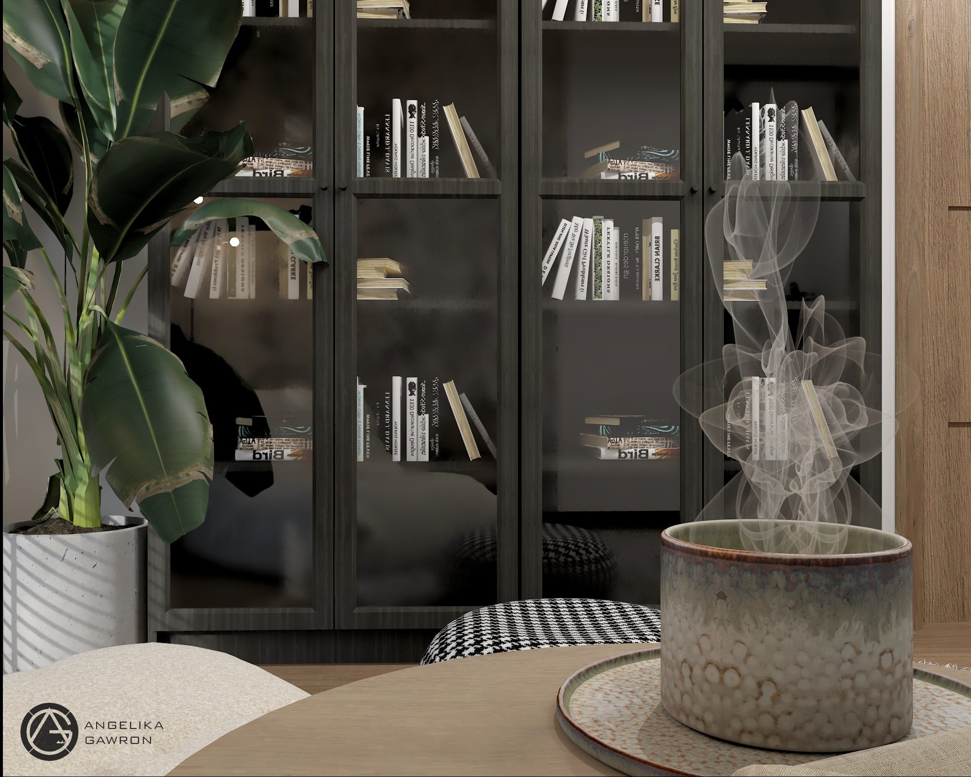 Wizualizacja wnętrza z regałem na książki, rośliną w doniczce i filiżanką, prezentująca koncepcję aranżacji z elementami dekoracyjnymi i oświetleniem.