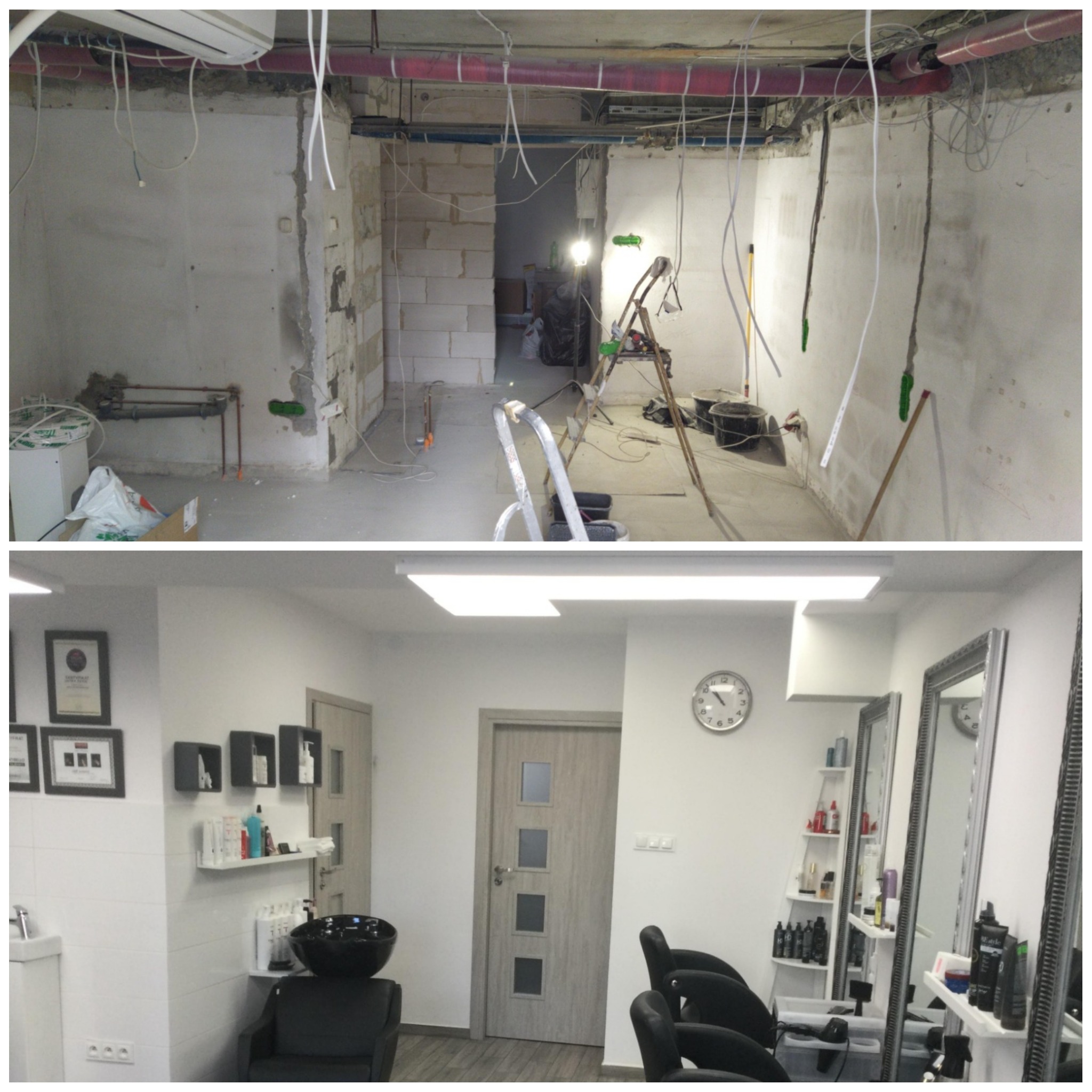 Dzielone zdjęcie: górna część przedstawia surowy stan pomieszczenia w trakcie remontu z widocznymi przewodami elektrycznymi, rurami i pustakami, a dolna część ukazuje wykończone wnętrze salonu...