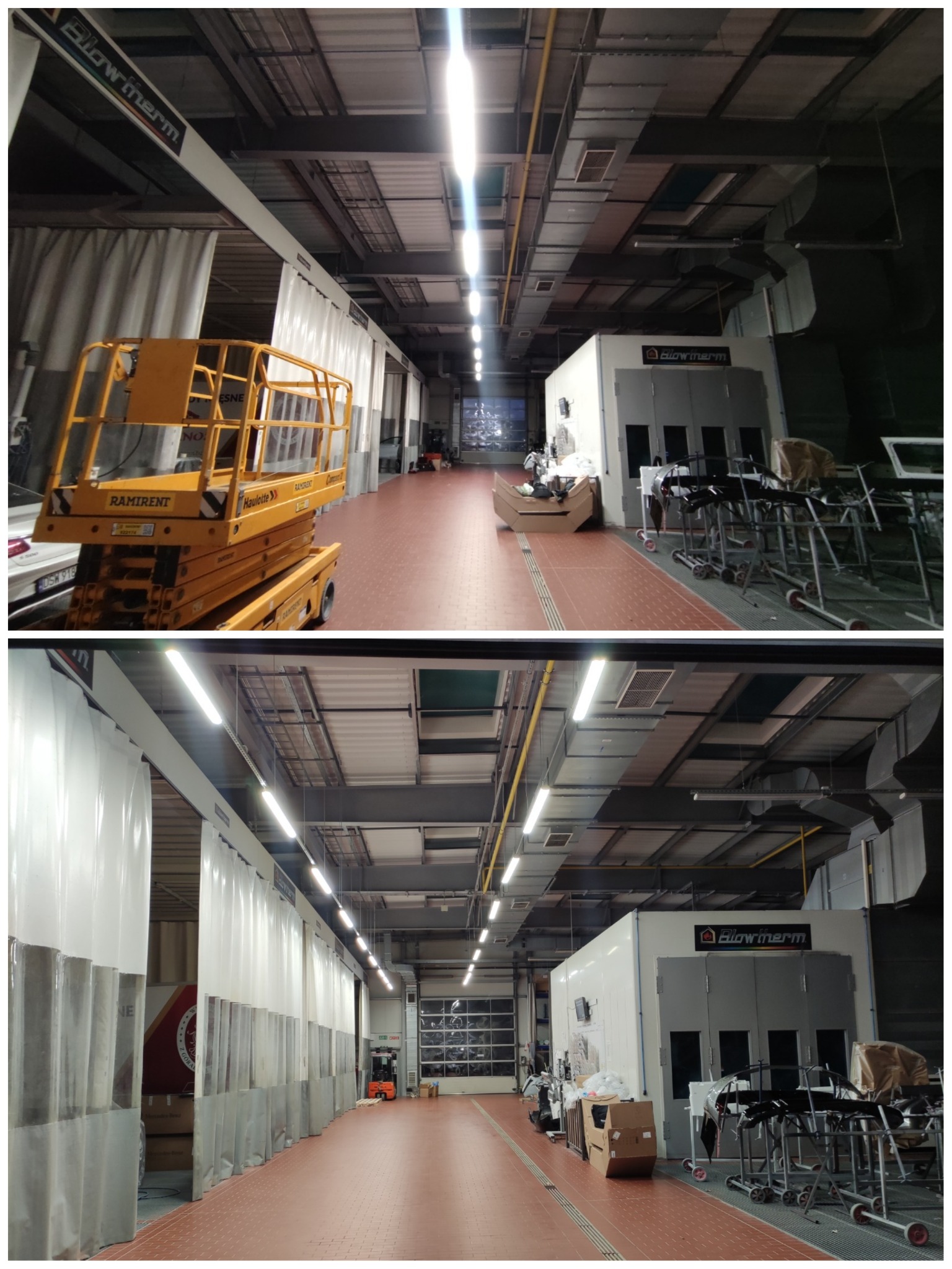 Wnętrze hali warsztatowej z kabiną lakierniczą Blowtherm, podnośnikiem nożycowym Ramirent i systemem oświetlenia liniowego pod sufitem.