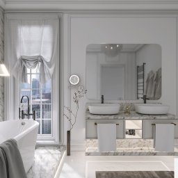 OliwiaVanessa Interior Design - Elegancka łazienka w stylu glamour z wanną wolnostojącą, marmurowymi ścianami i podłogą, podwójną umywalką nablatową i dużym oknem z widokiem na miasto.