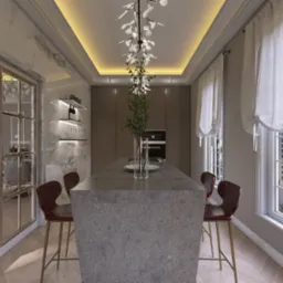 Wizualizacja nowoczesnej kuchni z wyspą z szarego kamienia, czterema bordowymi hokerami na złotych nogach, oświetleniem LED i widokiem na miasto za oknem.