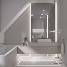 Nowoczesna łazienka z wanną pod skosem, podświetlanym lustrem, wiszącą szafką pod umywalką i marmurową posadzką z ledowym oświetleniem.