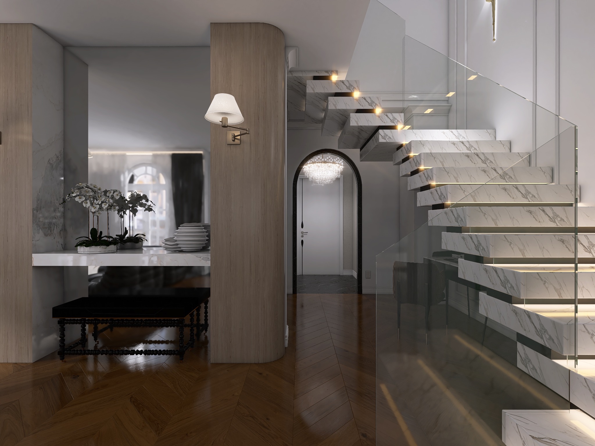 Elegancki hol z marmurowymi schodami podświetlonymi od spodu, konsolą z kwiatami i czarnym stołkiem na rzeźbionych nogach, parkiet w jodełkę, widok na dalszą część domu przez łukowe przejście.