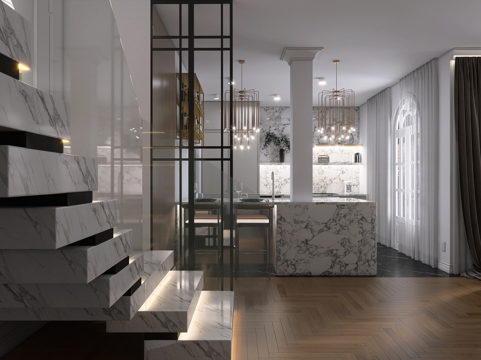 Nowoczesna kuchnia z marmurową wyspą i schodami, parkiet w jodełkę, szklana ścianka działowa, wiszące lampy w stylu art deco, marmurowe ściany i okno z firankami.