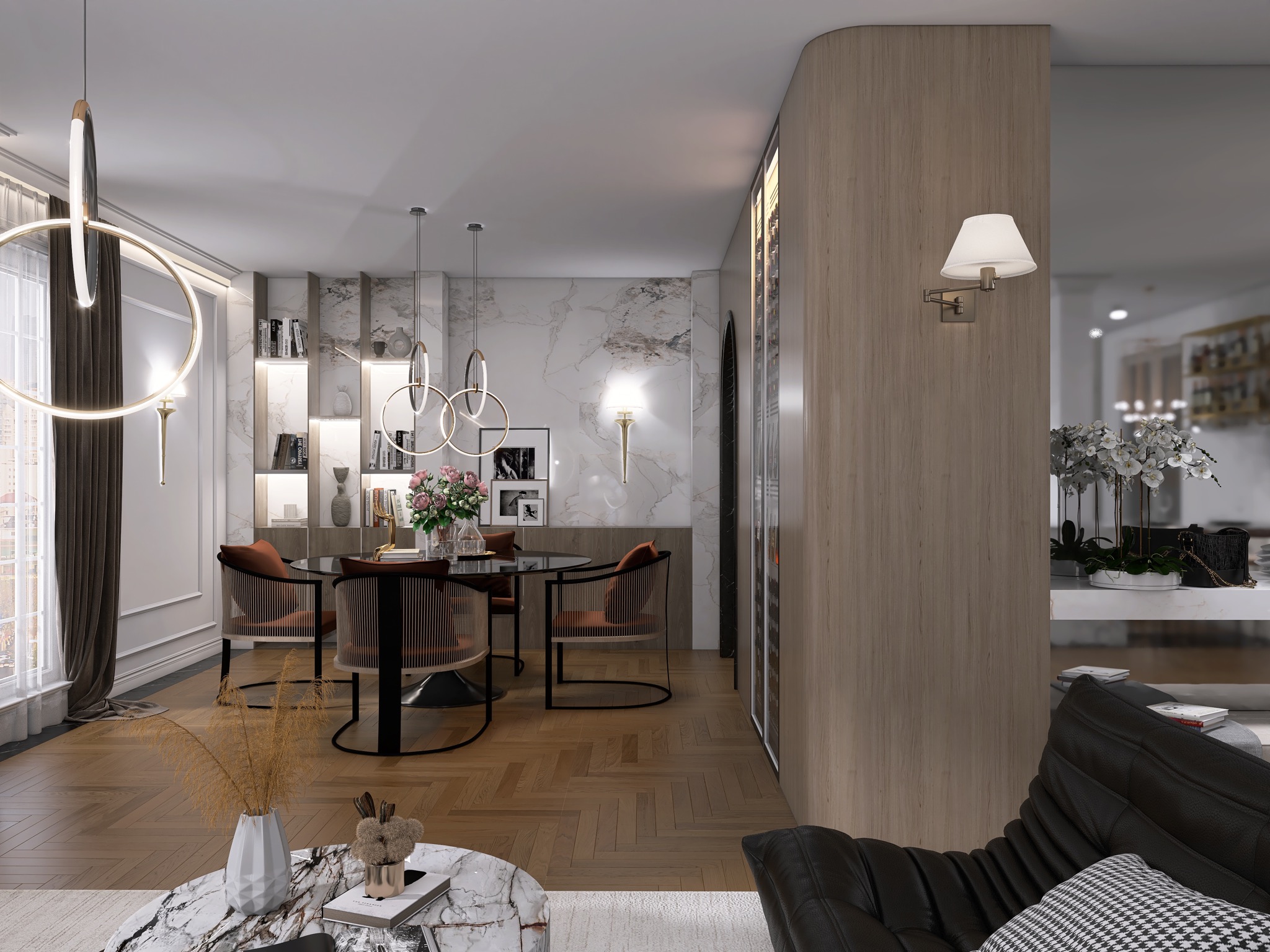 Eleganckie wnętrze z marmurową ścianą, okrągłym stołem z kwiatami i designerskimi lampami wiszącymi, widok na salon z czarną skórzaną sofą i białymi kwiatami.