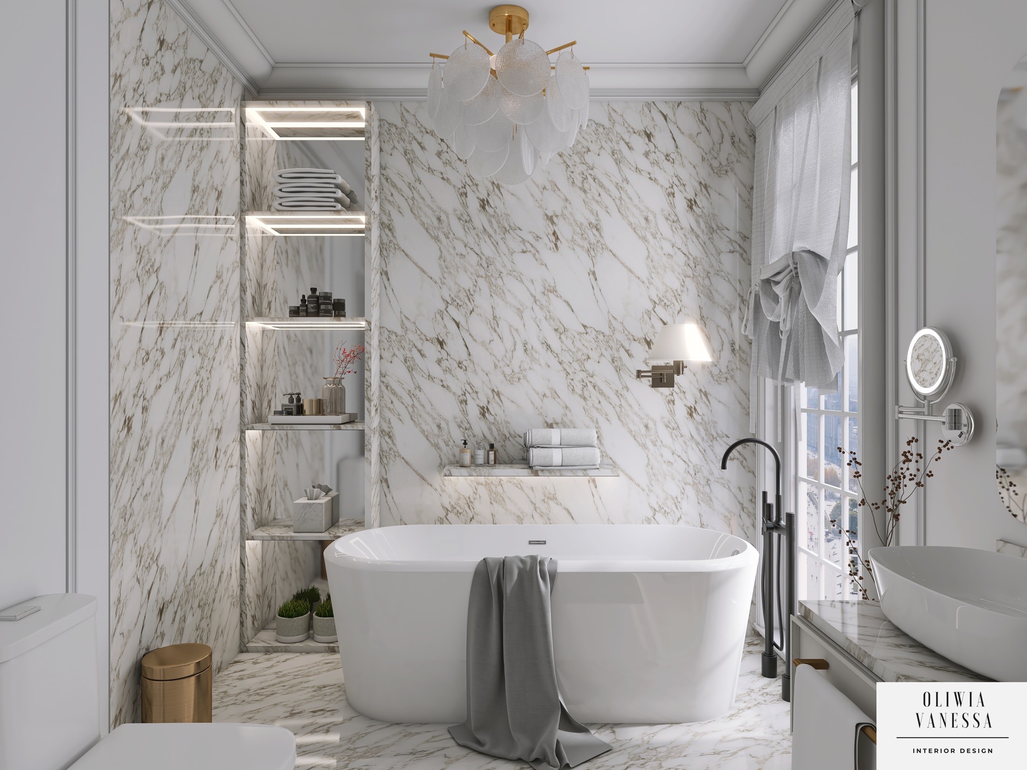 Elegancka łazienka z marmurowymi ścianami i podłogą, wolnostojąca wanna z szarym ręcznikiem, oświetlona półka z akcesoriami, okrągłe lustro i designerska lampa sufitowa.