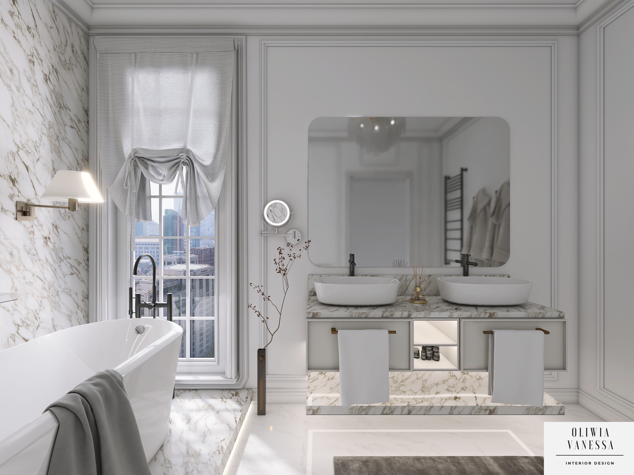 Elegancka łazienka w stylu glamour z wanną wolnostojącą, marmurowymi ścianami i podłogą, podwójną umywalką nablatową i dużym oknem z widokiem na miasto.