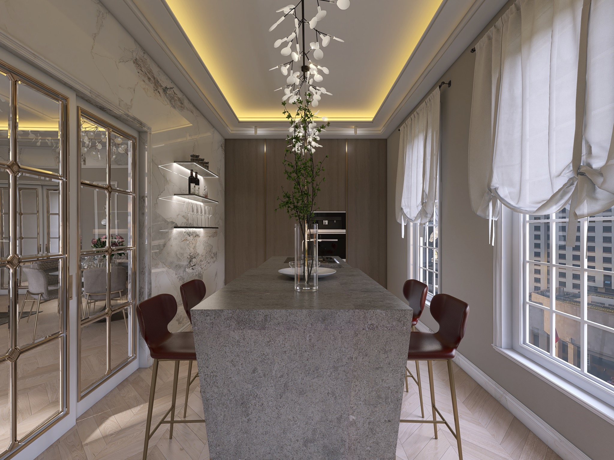 Wizualizacja nowoczesnej kuchni z wyspą z szarego kamienia, czterema bordowymi hokerami na złotych nogach, oświetleniem LED i widokiem na miasto za oknem.