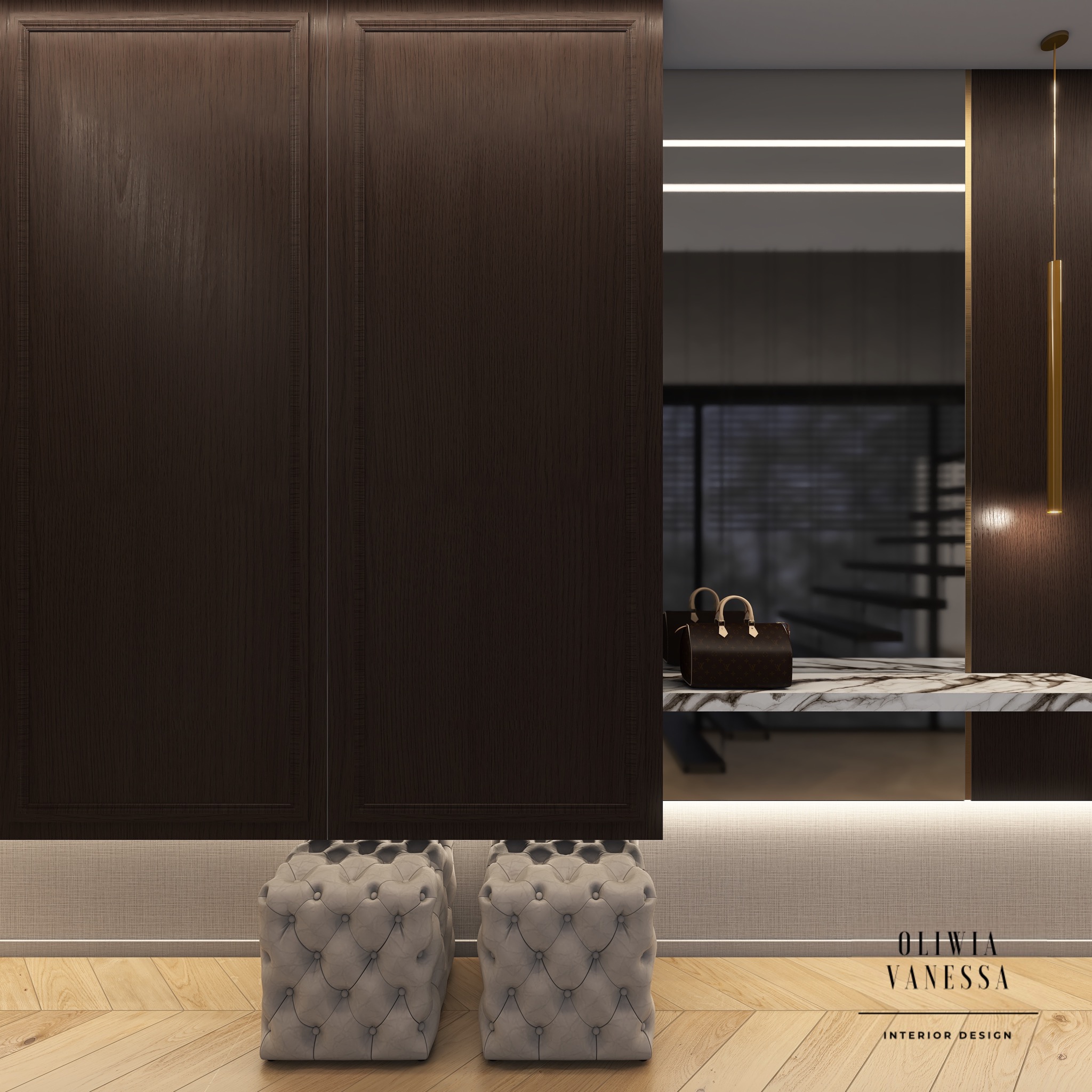 Ciemna, drewniana szafa wnękowa z dwoma pikowanymi pufami poniżej, marmurowy blat z torebką i oświetleniem LED w tle, parkiet na podłodze.