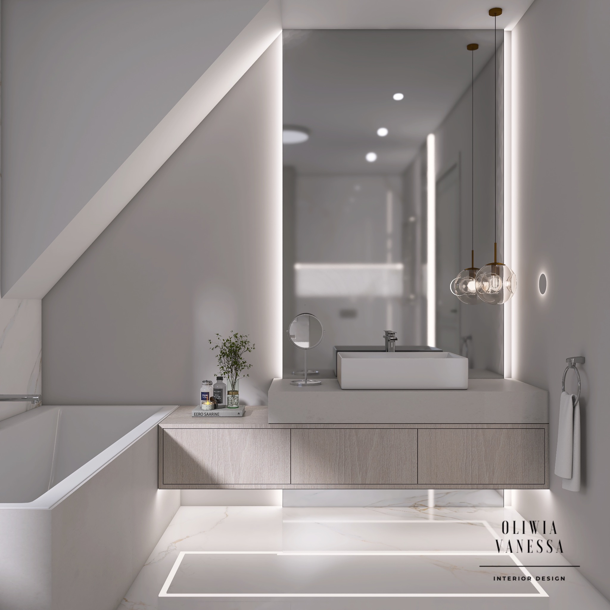 Nowoczesna łazienka z wanną pod skosem, podświetlanym lustrem, wiszącą szafką pod umywalką i marmurową posadzką z ledowym oświetleniem.