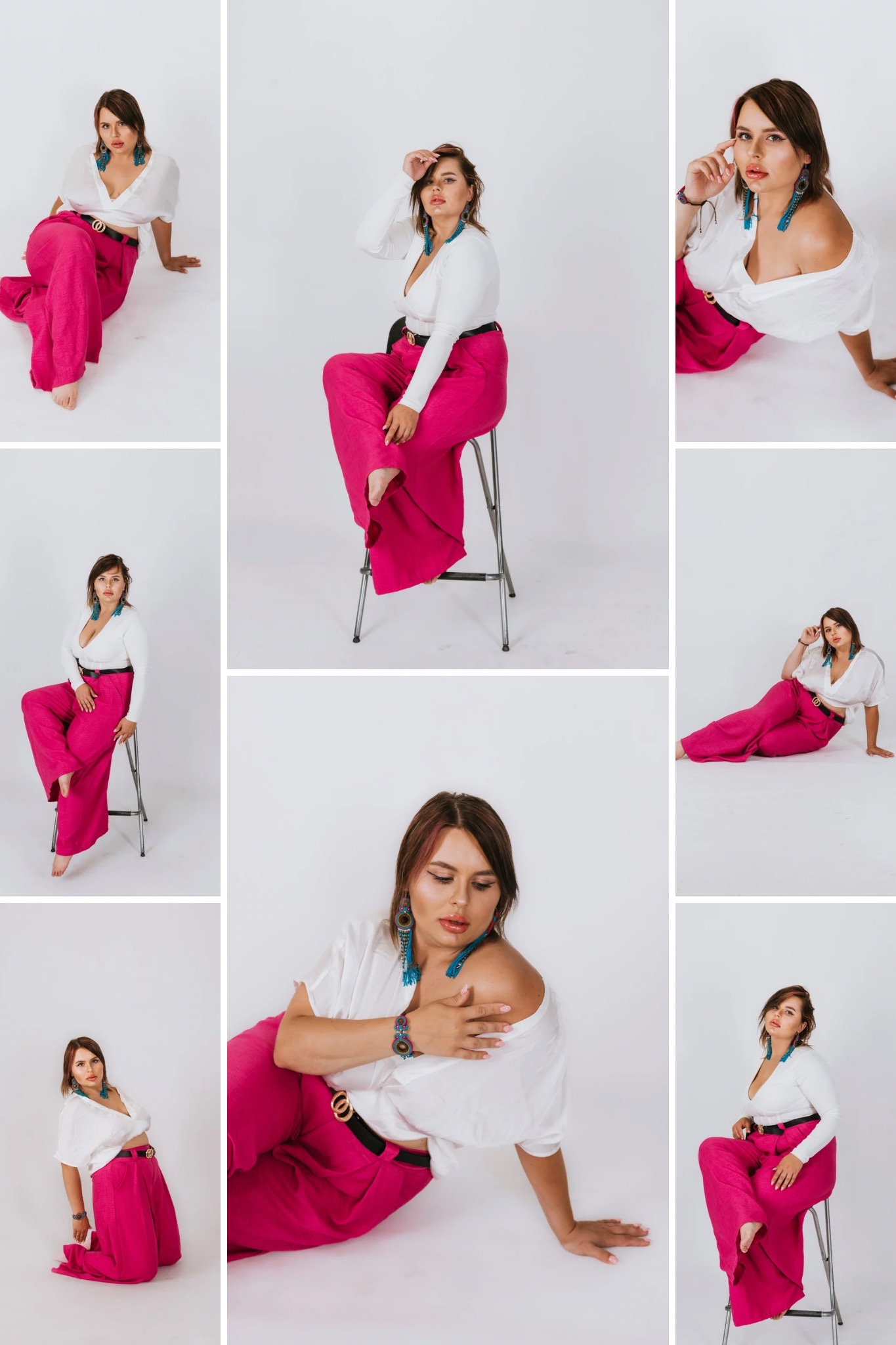 Kolaż z sesji zdjęciowej kobiety w różowych spodniach i białej bluzce na białym tle, różne pozy i ujęcia.