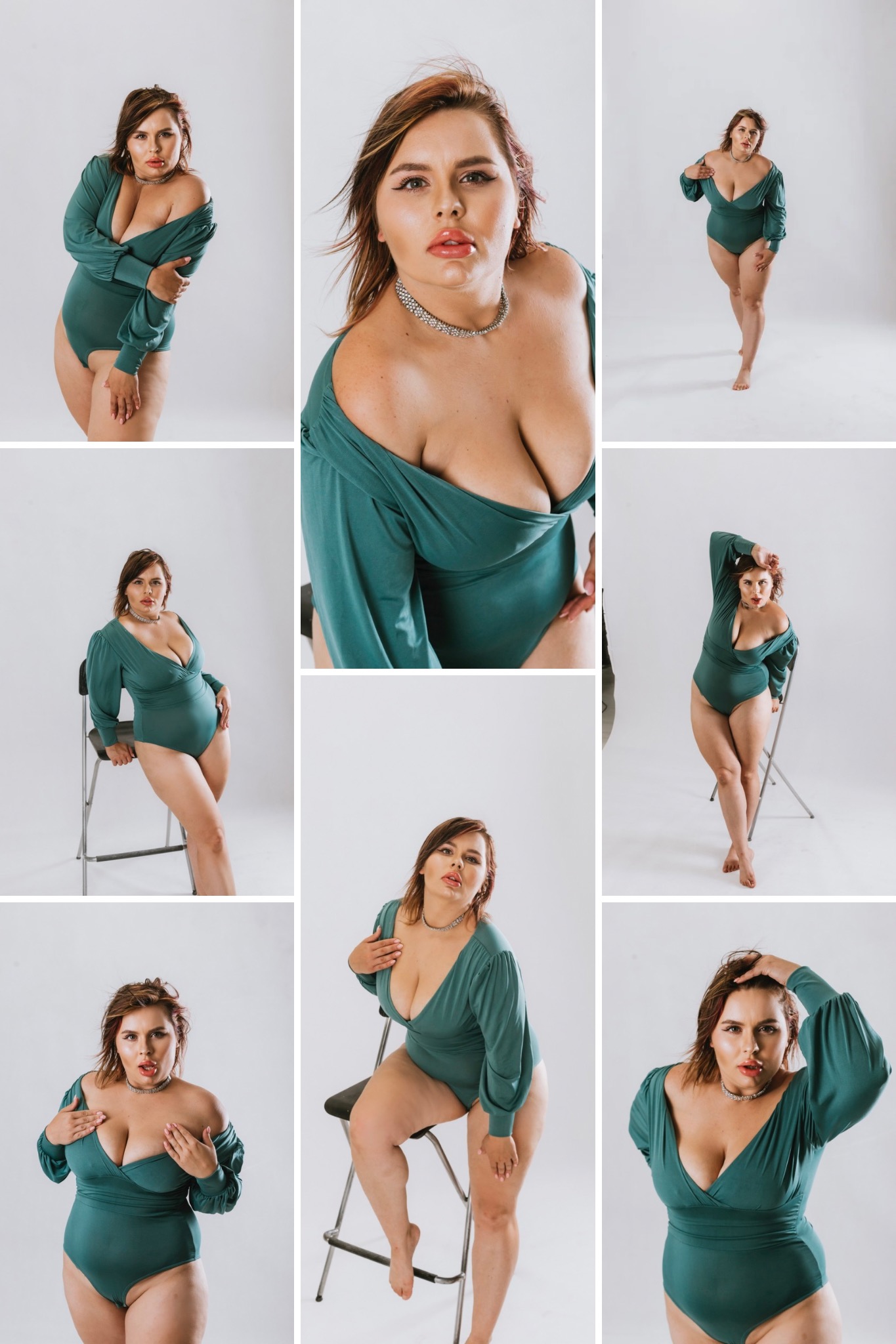 Kolaż z sesji portretowej kobiety plus size w zielonym body z dekoltem, pozującej na białym tle i przy krześle.