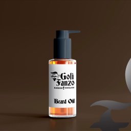 Blank Sp. z o.o. - Butelka olejku do brody Goli Fanzo z pompką na brązowym tle, etykieta z logo barbera.