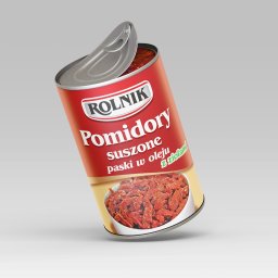 Blank Sp. z o.o. - Render puszki z suszonymi pomidorami w oleju marki Rolnik, uchylone wieczko, widoczna zawartość, na jednolitym jasnoszarym tle.
