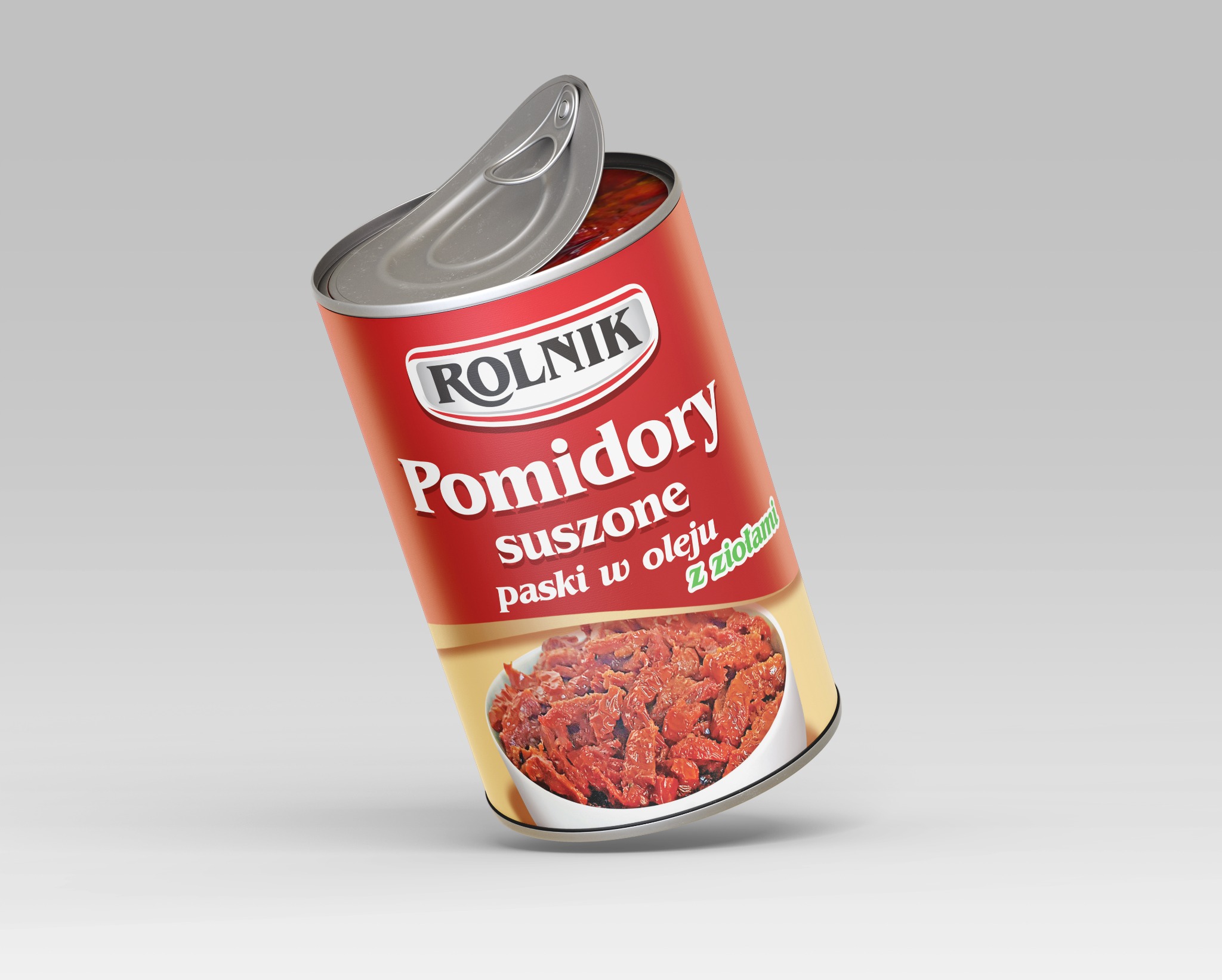 Render puszki z suszonymi pomidorami w oleju marki Rolnik, uchylone wieczko, widoczna zawartość, na jednolitym jasnoszarym tle.