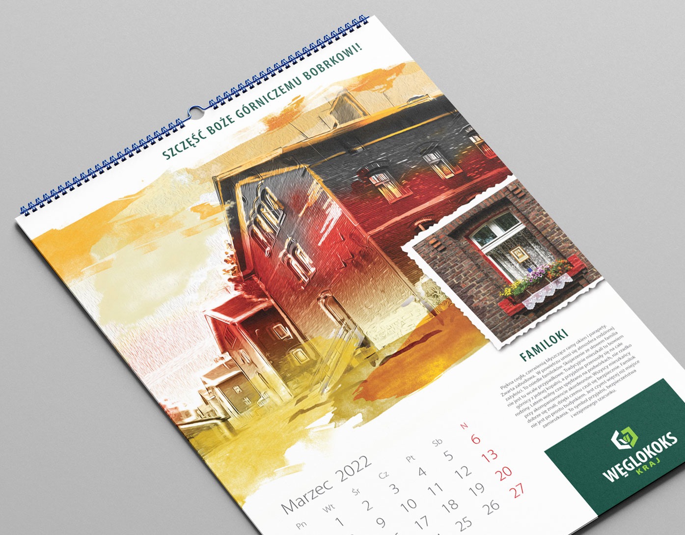 Kalendarz na marzec 2022 z ilustracją familoków w stylu malarskim, napis 'Szczęść Boże Górniczemu Bobrkowi!' i logo Węglokoks Kraj.