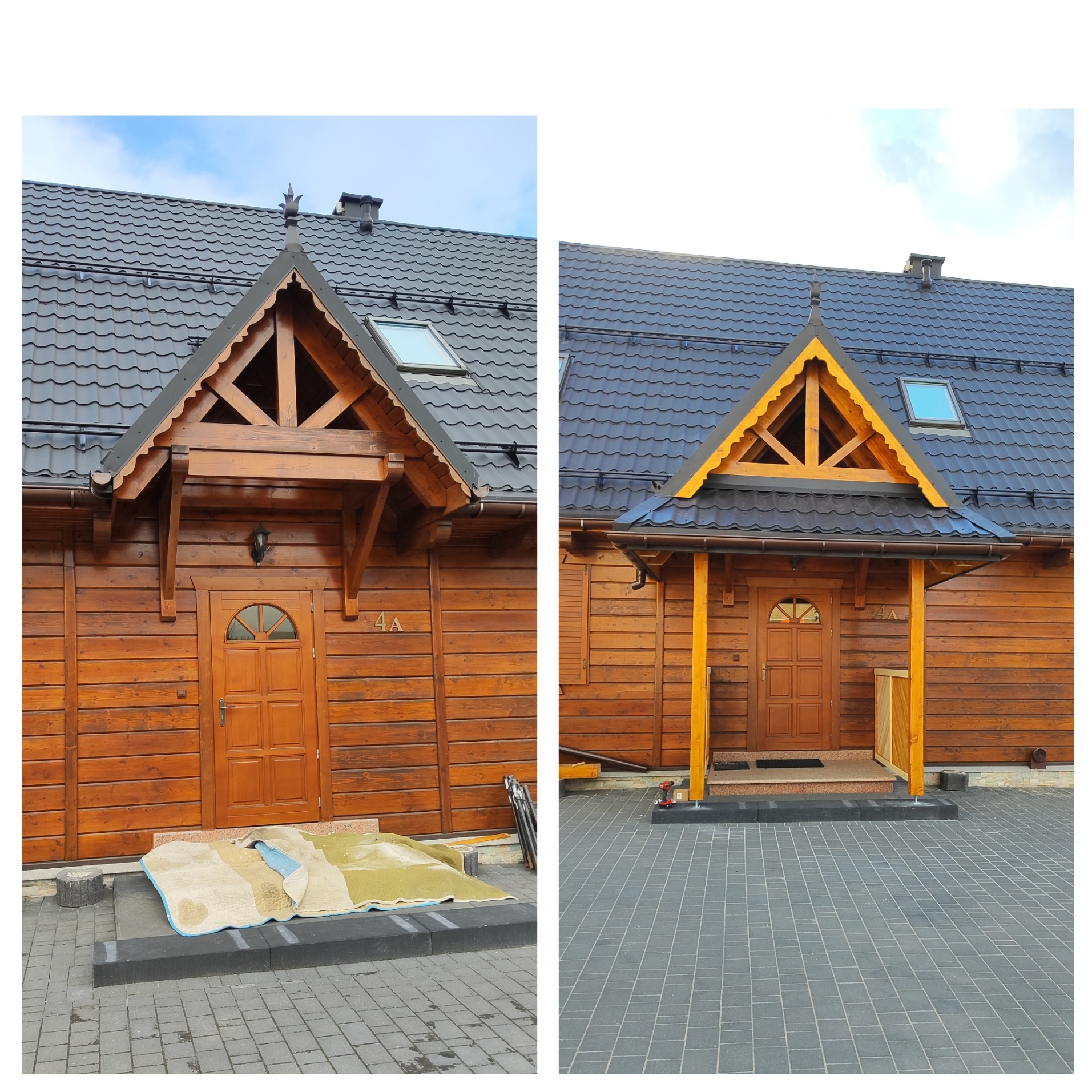 Dom z drewnianą elewacją i nowym dachem z lukarnami, widoczne obróbki blacharskie i drewniana konstrukcja nad wejściem, na jednym zdjęciu przed budynkiem leżą materiały budowlane, na drugim ułożona...