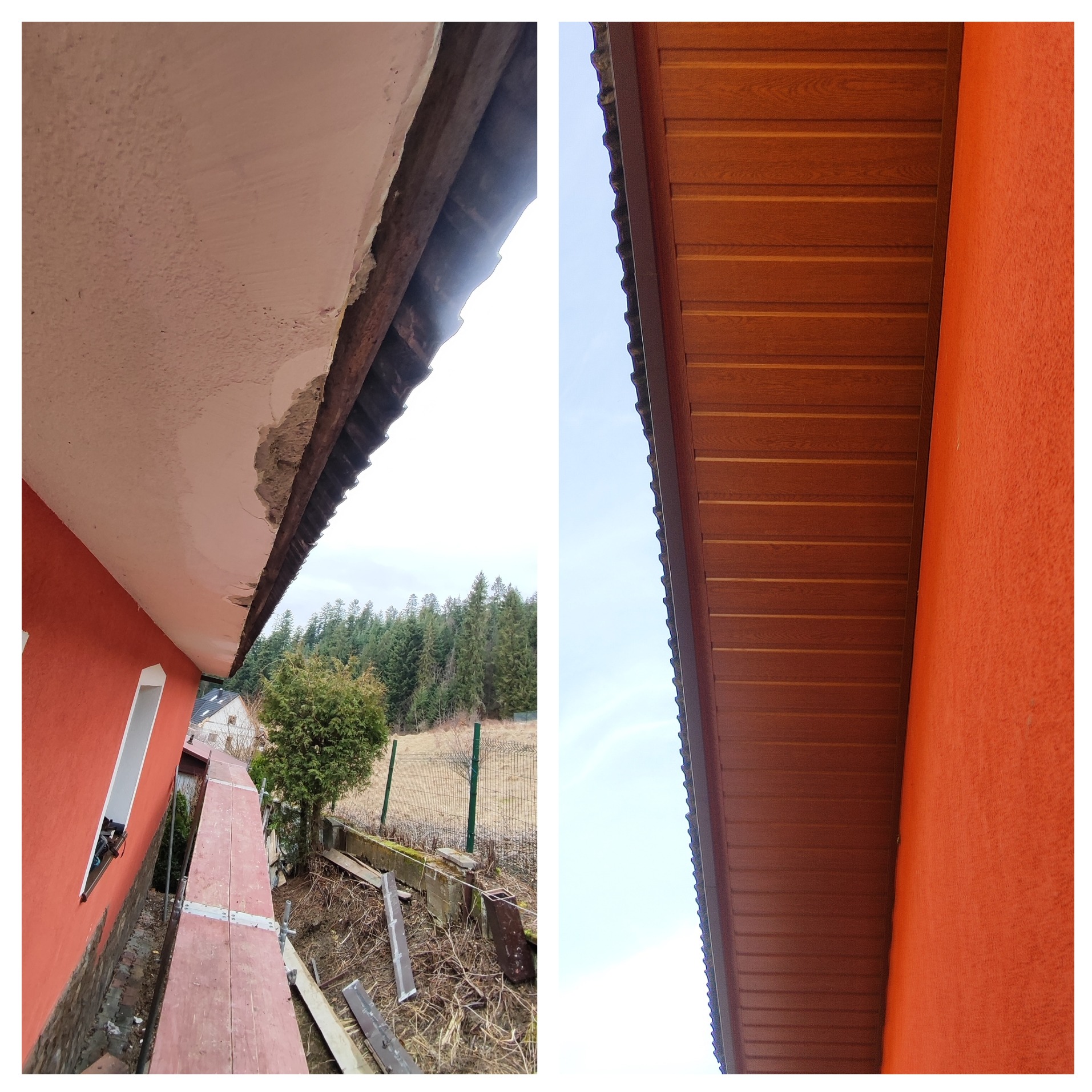 Porównanie stanu przed i po montażu podbitki dachowej: surowy okap z widoczną konstrukcją drewnianą i pomalowaną ścianą budynku zestawiony z wykończoną, brązową podbitką drewnopodobną.