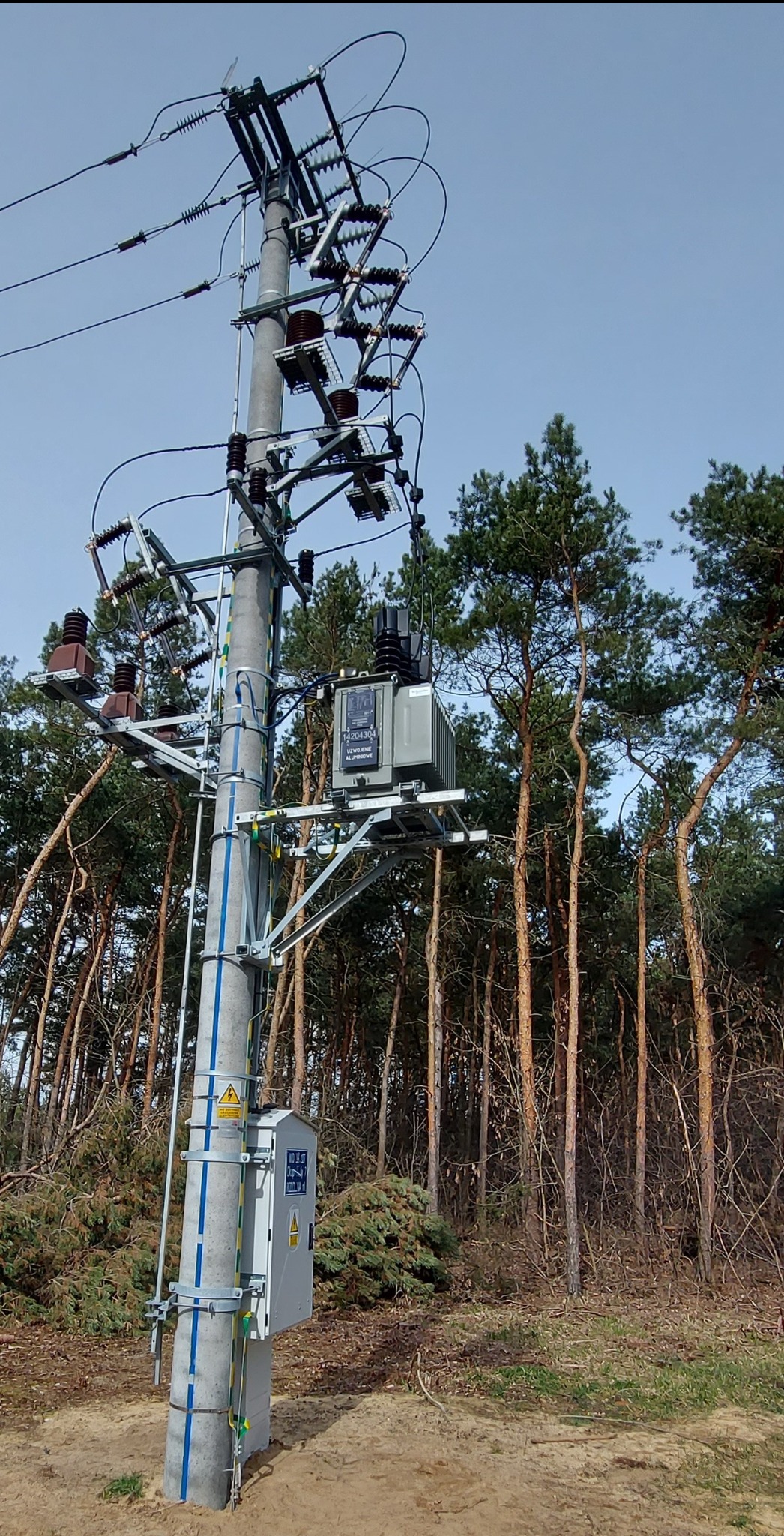 Betonowy słup energetyczny z zamontowanym transformatorem, skrzynką elektryczną i osprzętem, otoczony lasem sosnowym, widoczne oznaczenia ostrzegawcze.