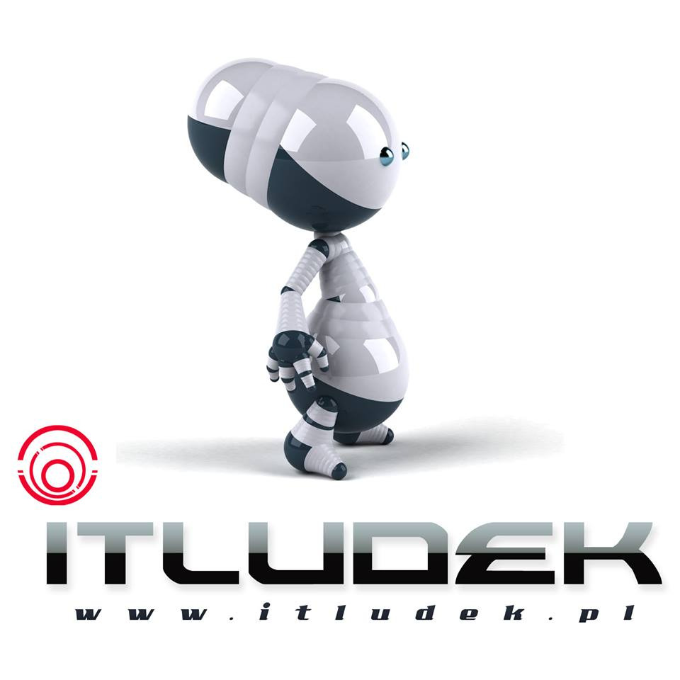 Grafika przedstawia futurystycznego robota z błyszczącymi, zaokrąglonymi elementami w odcieniach bieli i szarości, stojącego nad logo 'ITLUDEK' i adresem strony www.itludek.pl na białym tle.